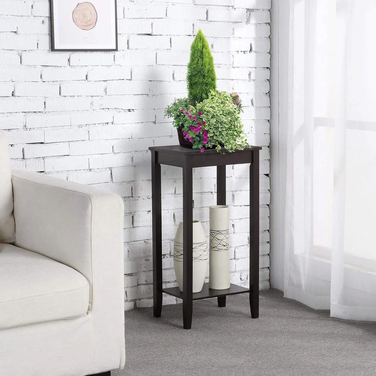Alt view image 2 of 7 - Yaheetech 2 Tier Wood Tall End Table Sofa Side Snack Table Multipurpose Small Table for Living Room, Dark Coffee