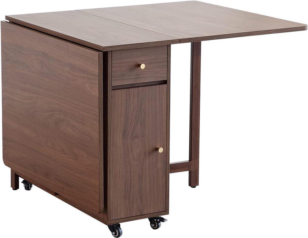 Main image of Extendable Drop Leaf Foldable Dining Table with 2 Drawers and 4 Wheels for Living Room Kitchen Farmhouse Space Saving Table in Walnut