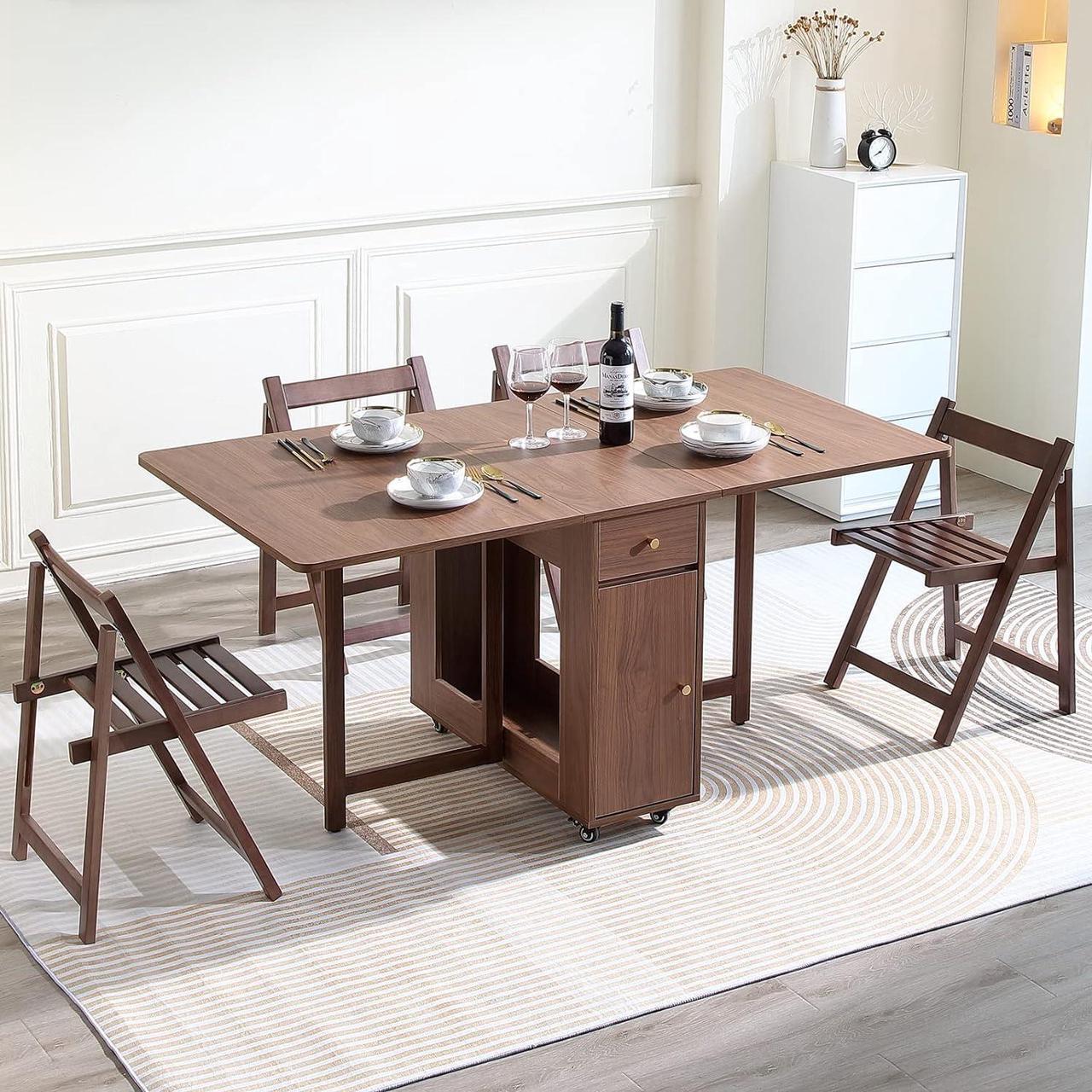 Alt view image 2 of 7 - Extendable Drop Leaf Foldable Dining Table with 2 Drawers and 4 Wheels for Living Room Kitchen Farmhouse Space Saving Table in Walnut