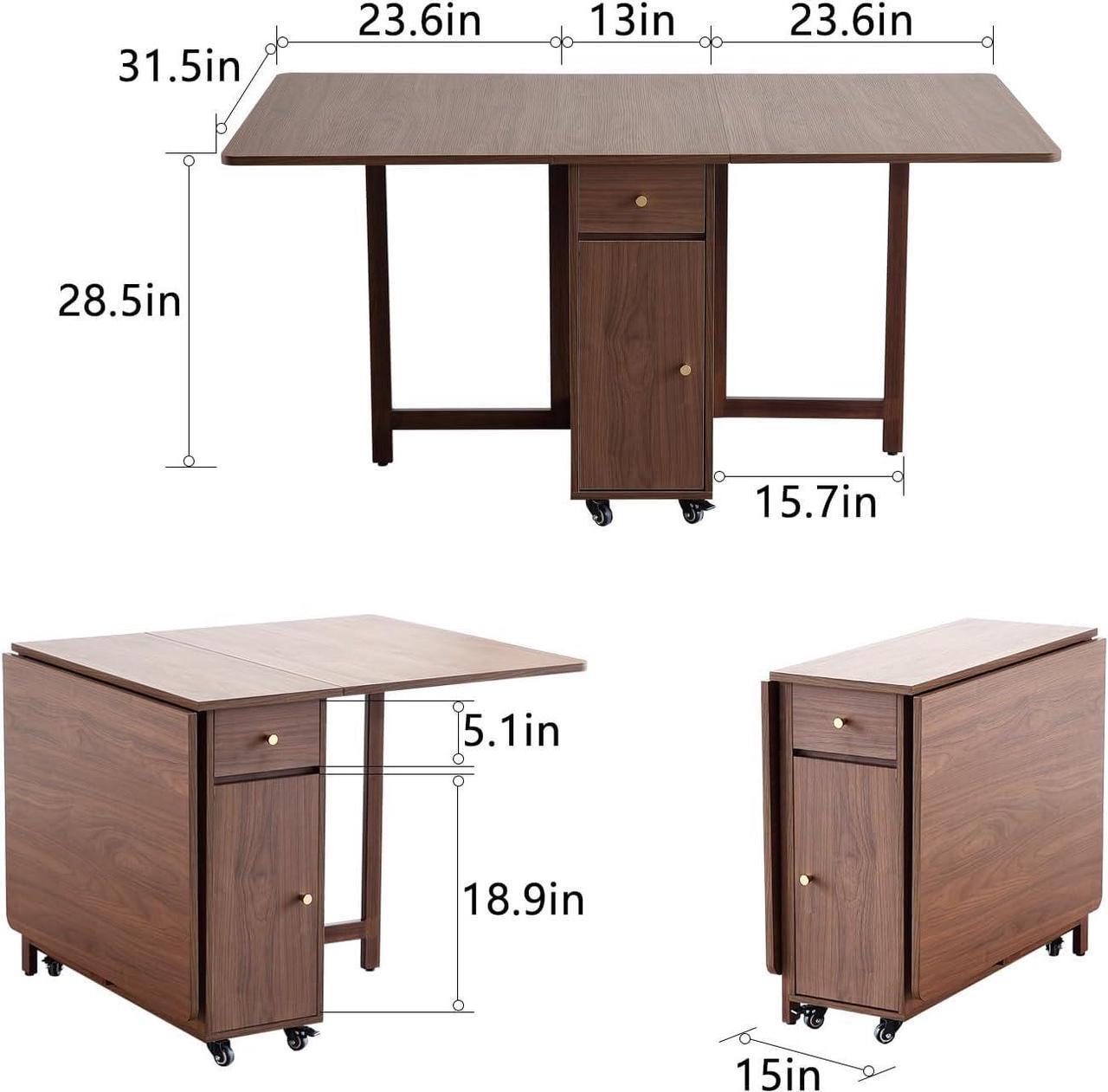 Alt view image 3 of 7 - Extendable Drop Leaf Foldable Dining Table with 2 Drawers and 4 Wheels for Living Room Kitchen Farmhouse Space Saving Table in Walnut