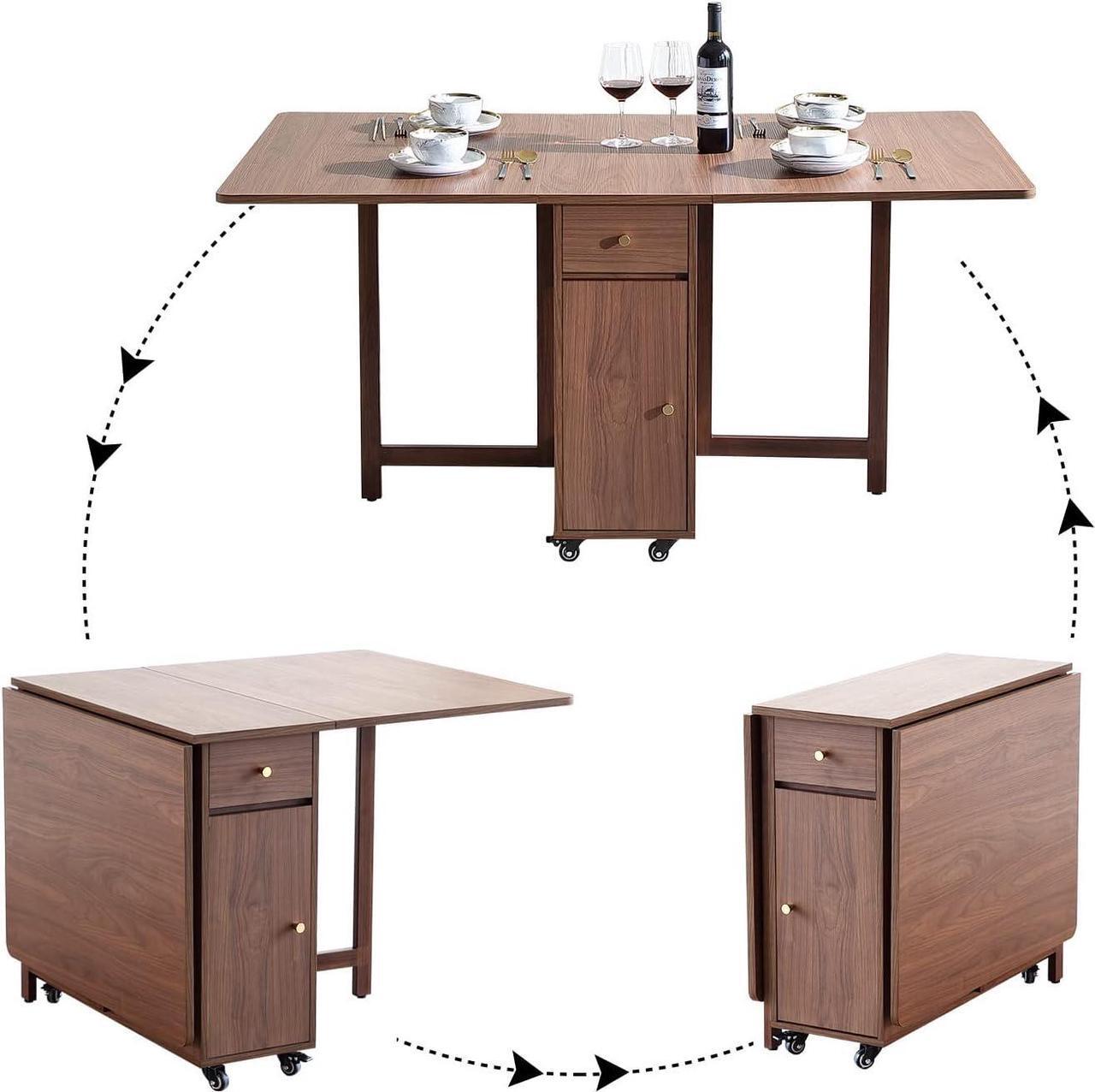 Alt view image 4 of 7 - Extendable Drop Leaf Foldable Dining Table with 2 Drawers and 4 Wheels for Living Room Kitchen Farmhouse Space Saving Table in Walnut