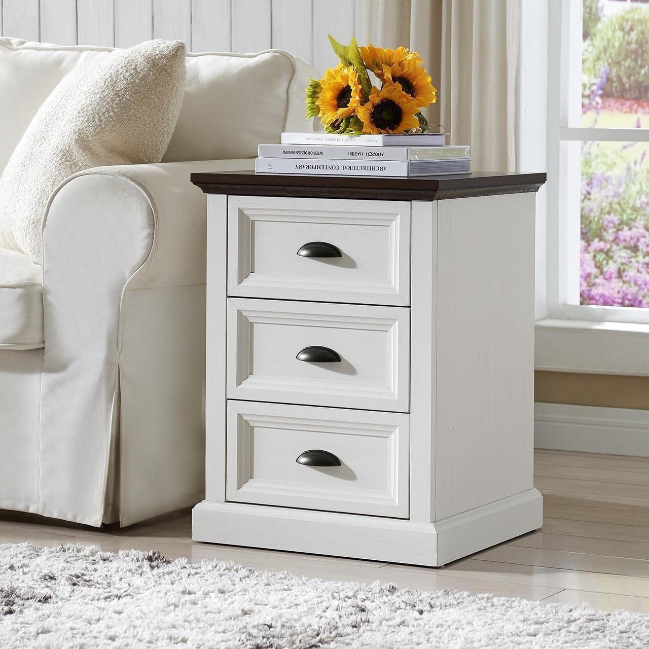 Main image of 21" Tall Nightstand with 3 Drawers, Farmhouse 18" Wide End Table with Charging Station, Wood Rustic Side Table, Small Dresser Chest of Drawers for Bedroom, Living Room, Closet, White