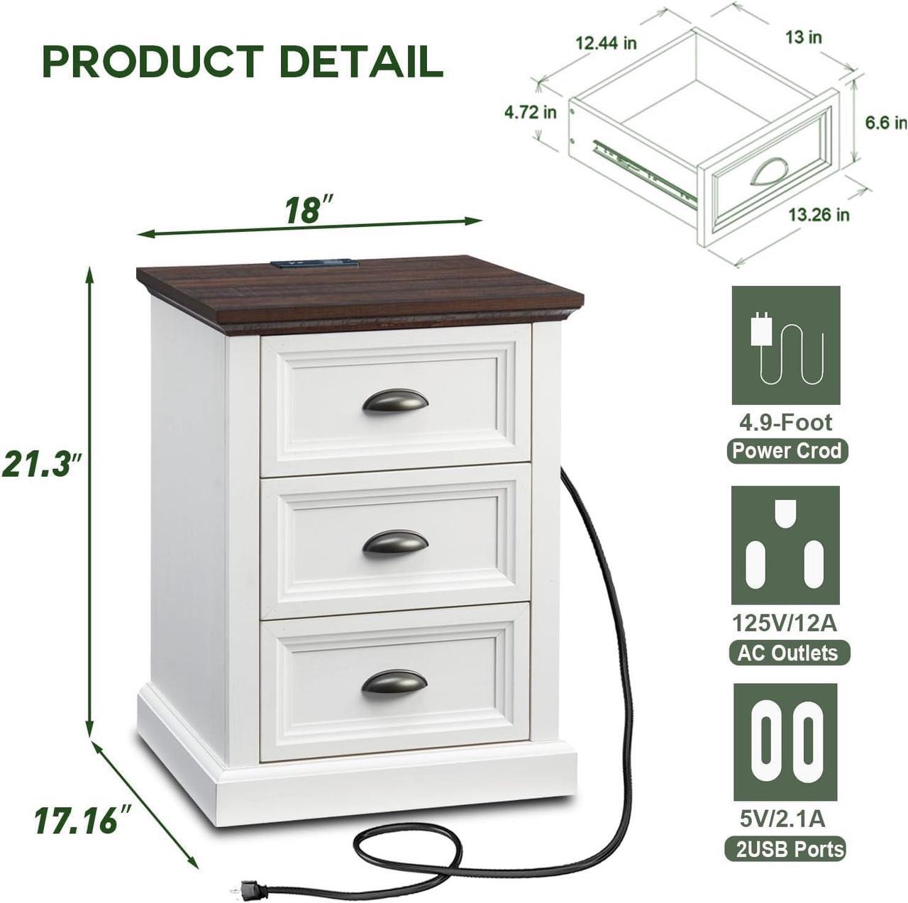 Alt view image 2 of 6 - 21" Tall Nightstand with 3 Drawers, Farmhouse 18" Wide End Table with Charging Station, Wood Rustic Side Table, Small Dresser Chest of Drawers for Bedroom, Living Room, Closet, White