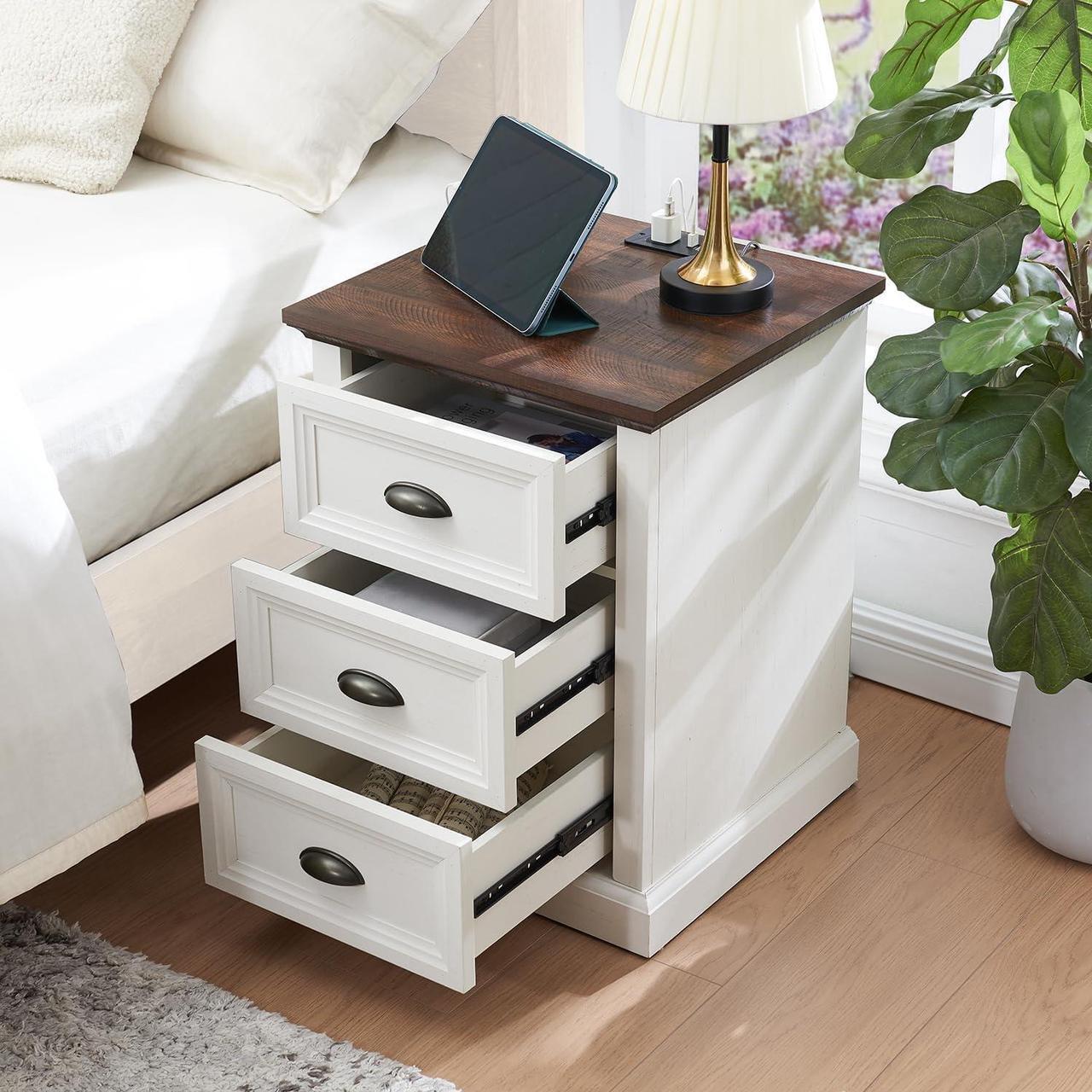 Alt view image 3 of 6 - 21" Tall Nightstand with 3 Drawers, Farmhouse 18" Wide End Table with Charging Station, Wood Rustic Side Table, Small Dresser Chest of Drawers for Bedroom, Living Room, Closet, White