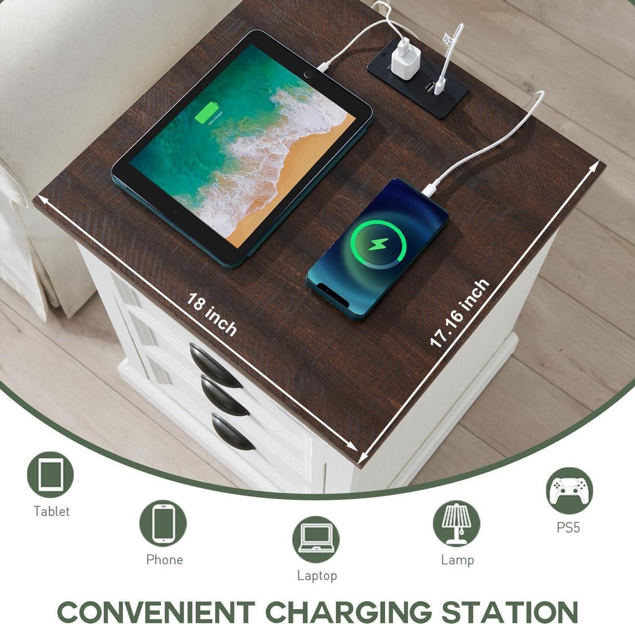 Alt view image 4 of 6 - 21" Tall Nightstand with 3 Drawers, Farmhouse 18" Wide End Table with Charging Station, Wood Rustic Side Table, Small Dresser Chest of Drawers for Bedroom, Living Room, Closet, White