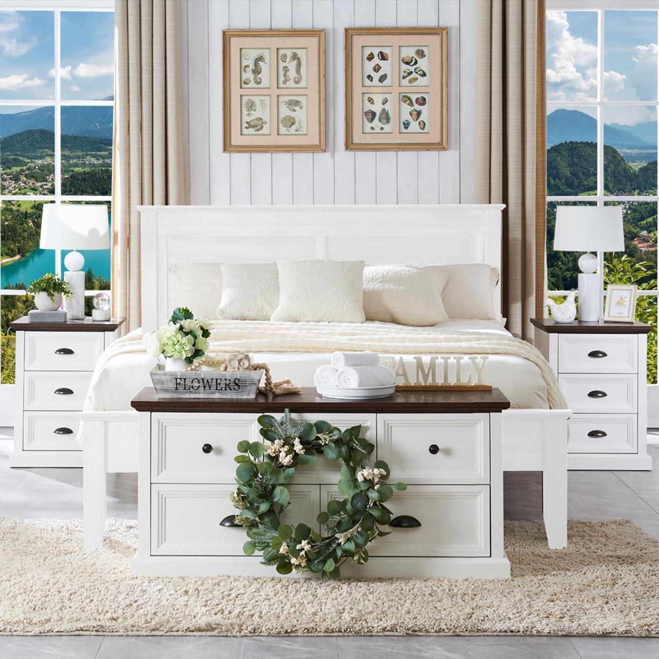 Alt view image 6 of 6 - 21" Tall Nightstand with 3 Drawers, Farmhouse 18" Wide End Table with Charging Station, Wood Rustic Side Table, Small Dresser Chest of Drawers for Bedroom, Living Room, Closet, White