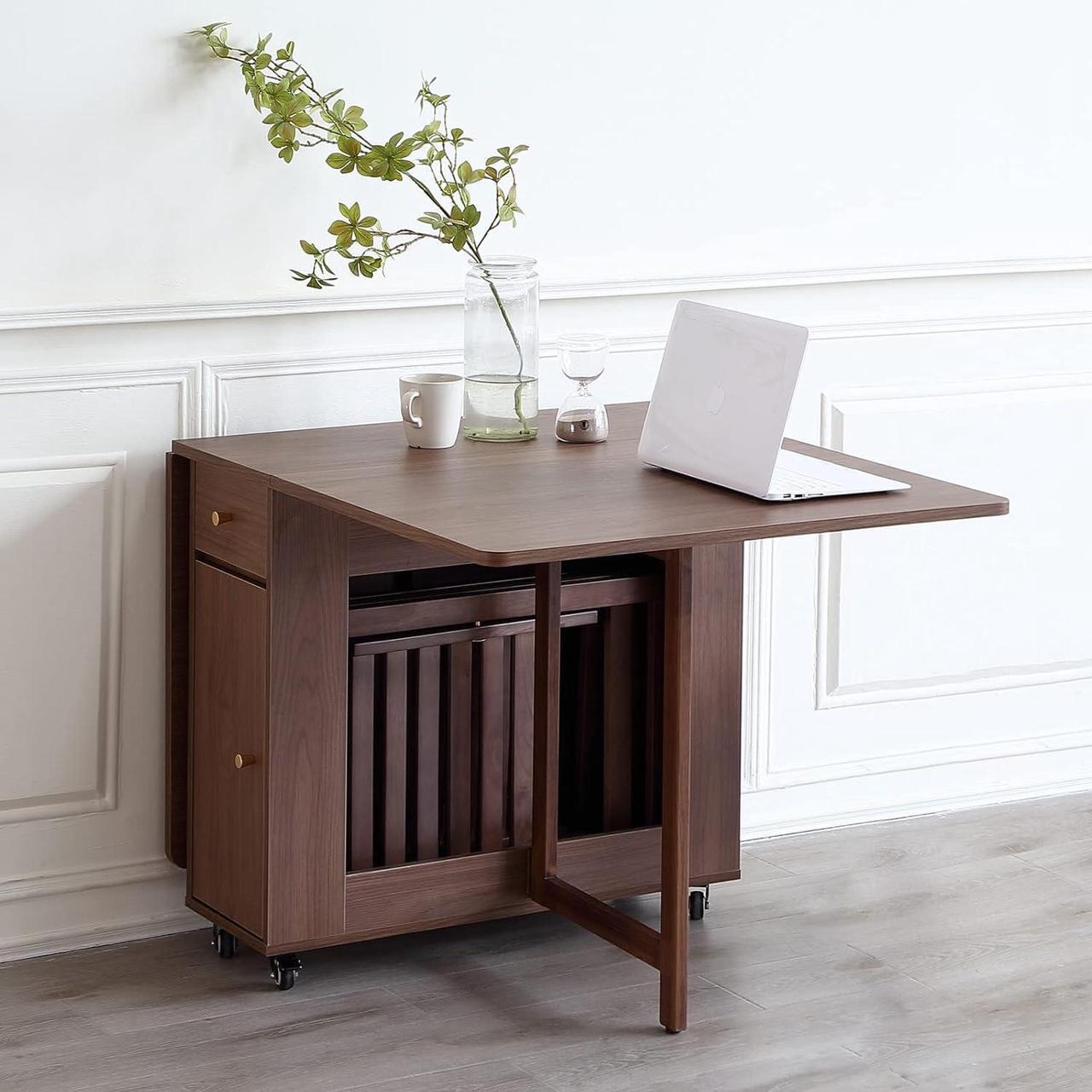 Alt view image 7 of 7 - Extendable Drop Leaf Foldable Dining Table with 2 Drawers and 4 Wheels for Living Room Kitchen Farmhouse Space Saving Table in Walnut