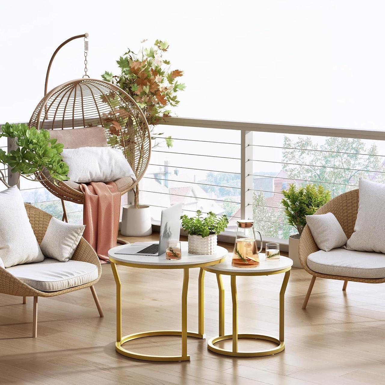 Alt view image 2 of 7 - Hoctieon Nesting Coffee Tables, Round Nesting Tables Set of 2, End Tables, Stacking Nesting Tables for Living Room, Circle Coffee Tables, Side Tables Wooden Table Top, Gold&White