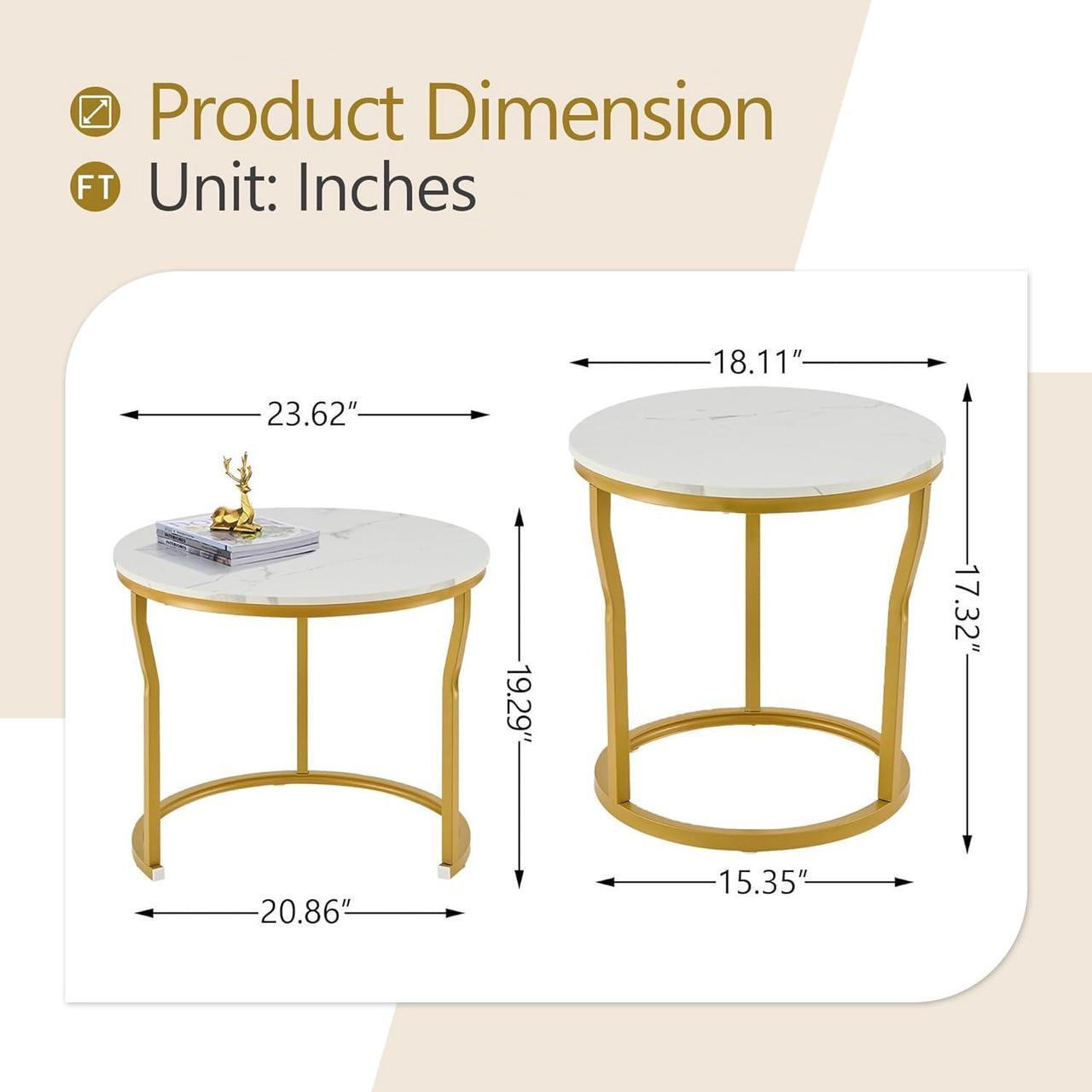 Alt view image 3 of 7 - Hoctieon Nesting Coffee Tables, Round Nesting Tables Set of 2, End Tables, Stacking Nesting Tables for Living Room, Circle Coffee Tables, Side Tables Wooden Table Top, Gold&White