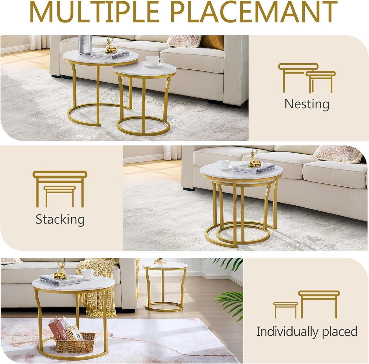 Alt view image 4 of 7 - Hoctieon Nesting Coffee Tables, Round Nesting Tables Set of 2, End Tables, Stacking Nesting Tables for Living Room, Circle Coffee Tables, Side Tables Wooden Table Top, Gold&White
