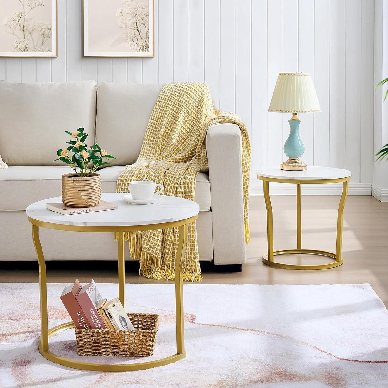 Alt view image 6 of 7 - Hoctieon Nesting Coffee Tables, Round Nesting Tables Set of 2, End Tables, Stacking Nesting Tables for Living Room, Circle Coffee Tables, Side Tables Wooden Table Top, Gold&White