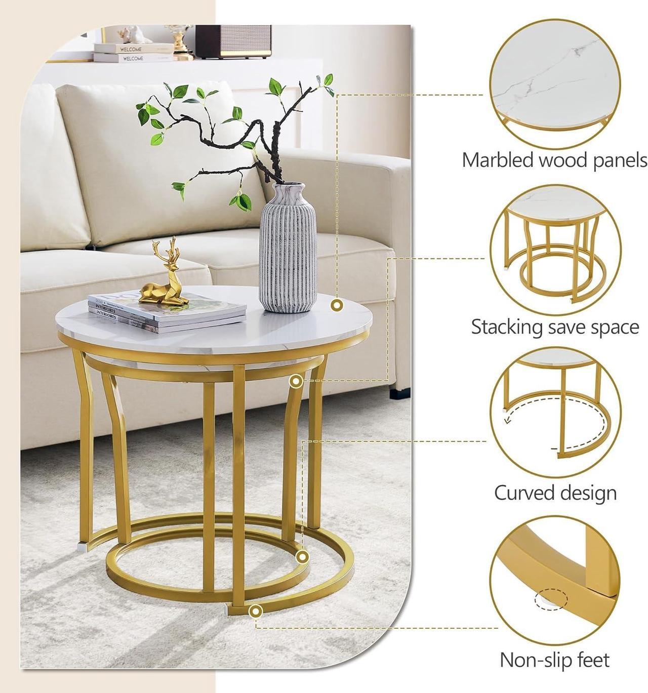 Alt view image 7 of 7 - Hoctieon Nesting Coffee Tables, Round Nesting Tables Set of 2, End Tables, Stacking Nesting Tables for Living Room, Circle Coffee Tables, Side Tables Wooden Table Top, Gold&White