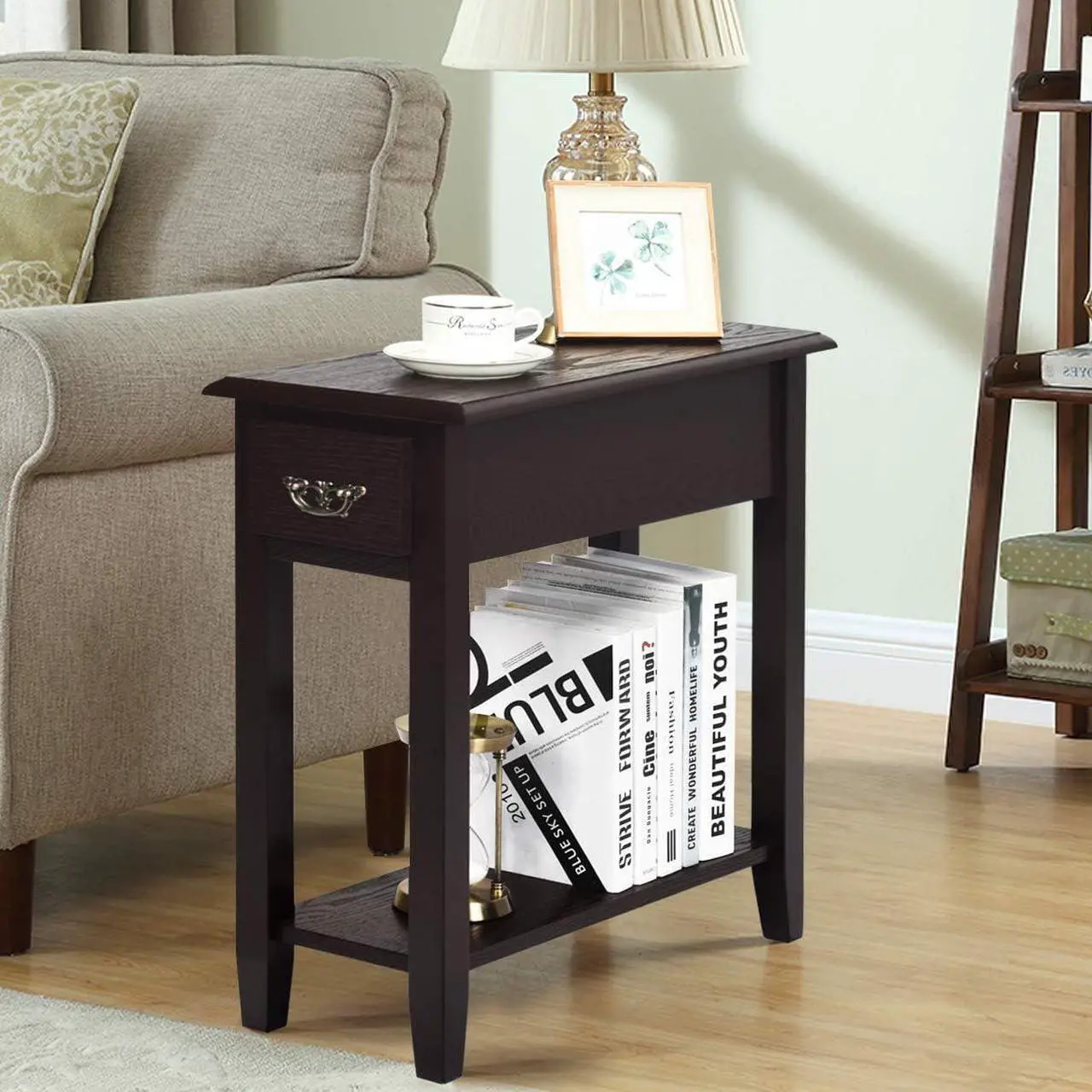 Alt view image 2 of 7 - Tangkula Narrow End Table, Slim Side Table with Drawer and Open Shelf, Small End Tables for Small Spaces, Narrow Nightstand Bedside Table for Living Room Bedroom, 9.8 x 23.6 x 23.6 Inches (1, Coffee)