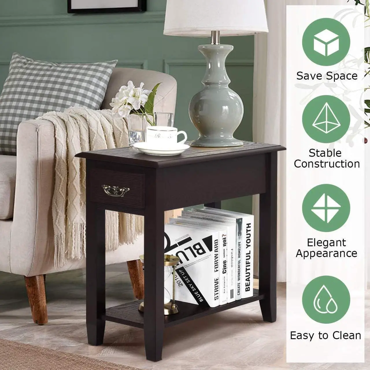 Alt view image 4 of 7 - Tangkula Narrow End Table, Slim Side Table with Drawer and Open Shelf, Small End Tables for Small Spaces, Narrow Nightstand Bedside Table for Living Room Bedroom, 9.8 x 23.6 x 23.6 Inches (1, Coffee)