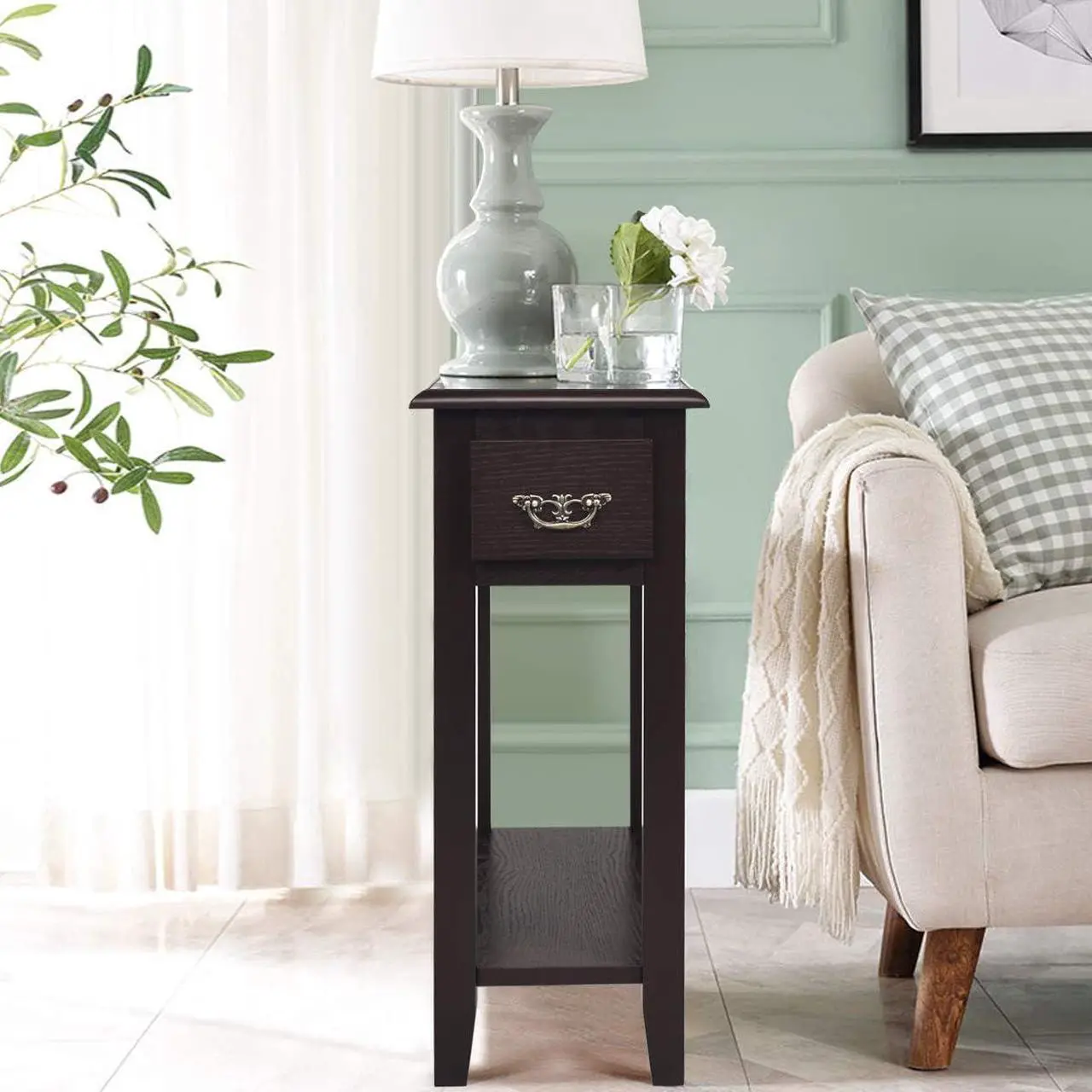 Alt view image 5 of 7 - Tangkula Narrow End Table, Slim Side Table with Drawer and Open Shelf, Small End Tables for Small Spaces, Narrow Nightstand Bedside Table for Living Room Bedroom, 9.8 x 23.6 x 23.6 Inches (1, Coffee)