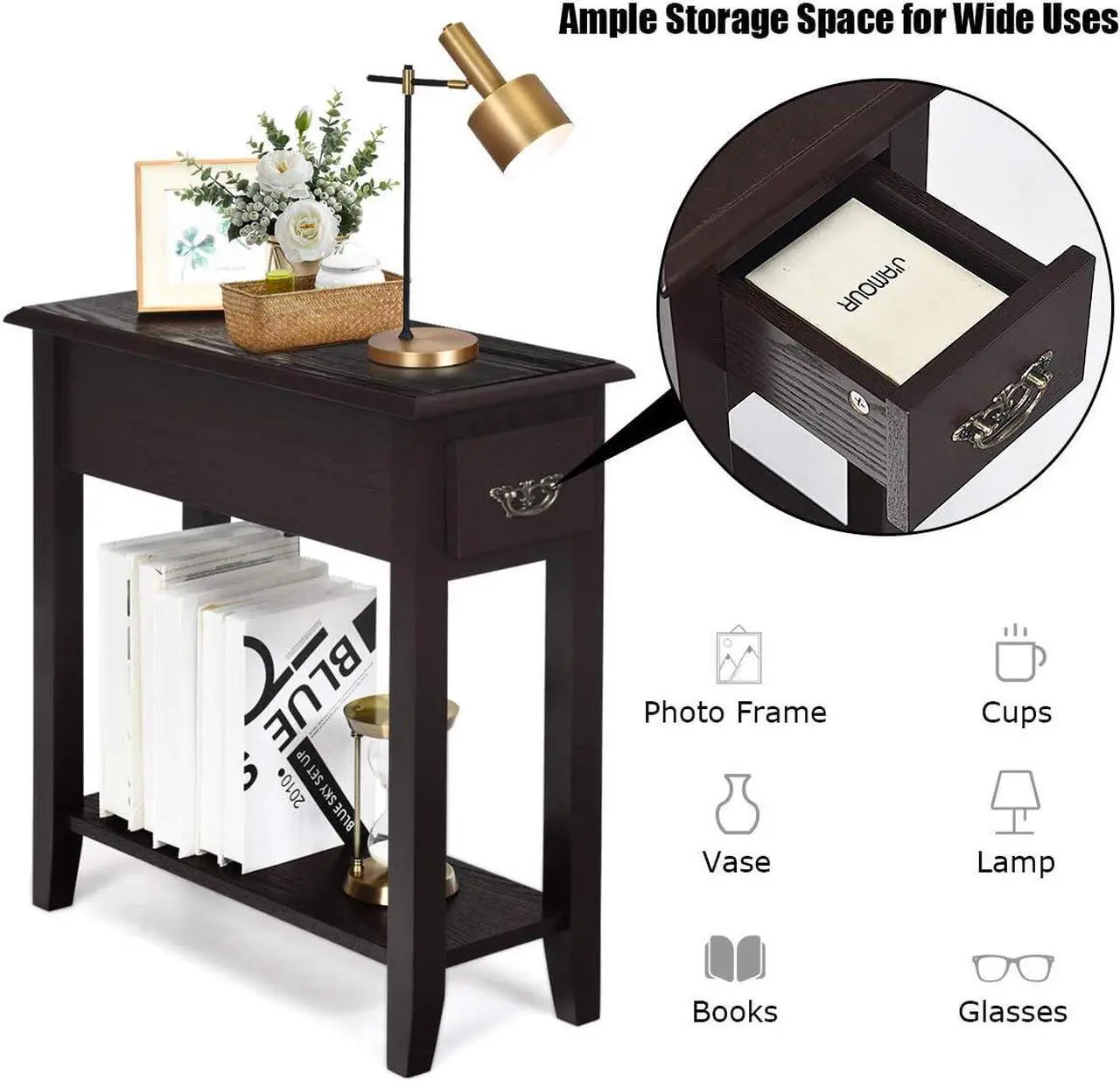 Alt view image 6 of 7 - Tangkula Narrow End Table, Slim Side Table with Drawer and Open Shelf, Small End Tables for Small Spaces, Narrow Nightstand Bedside Table for Living Room Bedroom, 9.8 x 23.6 x 23.6 Inches (1, Coffee)