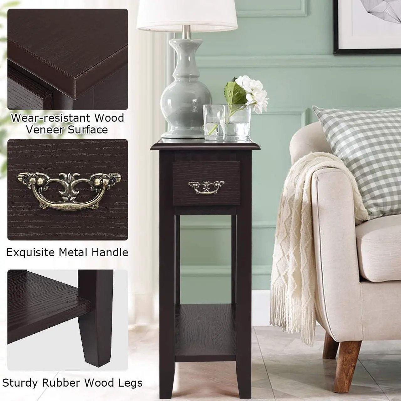 Alt view image 7 of 7 - Tangkula Narrow End Table, Slim Side Table with Drawer and Open Shelf, Small End Tables for Small Spaces, Narrow Nightstand Bedside Table for Living Room Bedroom, 9.8 x 23.6 x 23.6 Inches (1, Coffee)