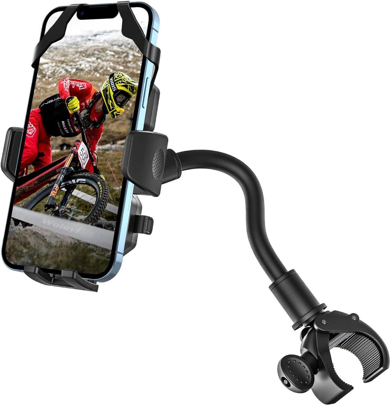 Main image of woleyi Gooseneck Bike Phone Holder, Motorcycle Phone Mount - Bicycle Handlebar Cell Phone Clip for Electric Scooter, Dirt Mountain Cycling for iPhone 16 Pro Max 15 14 13 12 11, Galaxy, All Smartphones