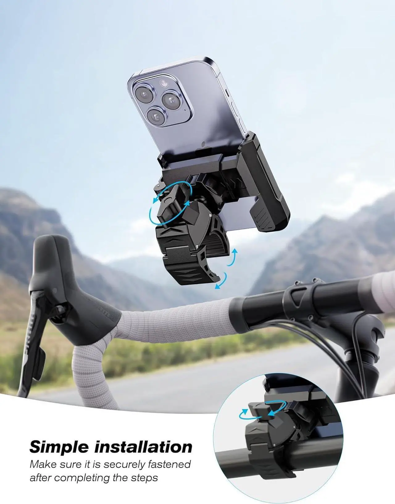 Alt view image 2 of 6 - Motorcycle Phone Mount Holder, Bike Phone Holder, 360° Rotation Bicycle Scooter Phone Clip, Universal Phone Mount for 4.5-7.0 inches Smartphone, Black