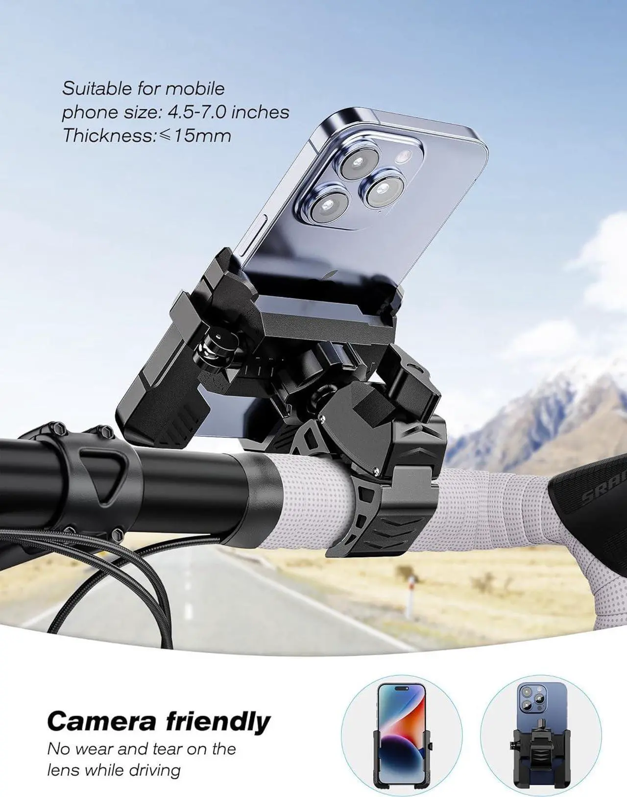 Alt view image 4 of 6 - Motorcycle Phone Mount Holder, Bike Phone Holder, 360° Rotation Bicycle Scooter Phone Clip, Universal Phone Mount for 4.5-7.0 inches Smartphone, Black