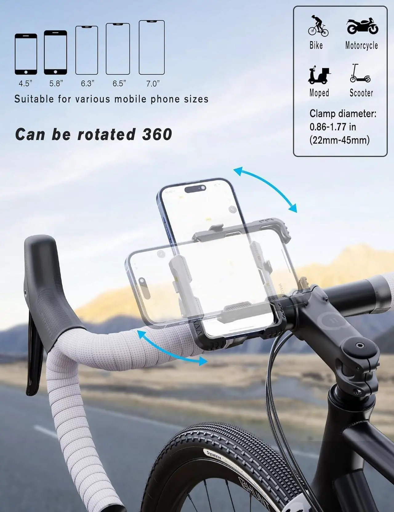Alt view image 5 of 6 - Motorcycle Phone Mount Holder, Bike Phone Holder, 360° Rotation Bicycle Scooter Phone Clip, Universal Phone Mount for 4.5-7.0 inches Smartphone, Black
