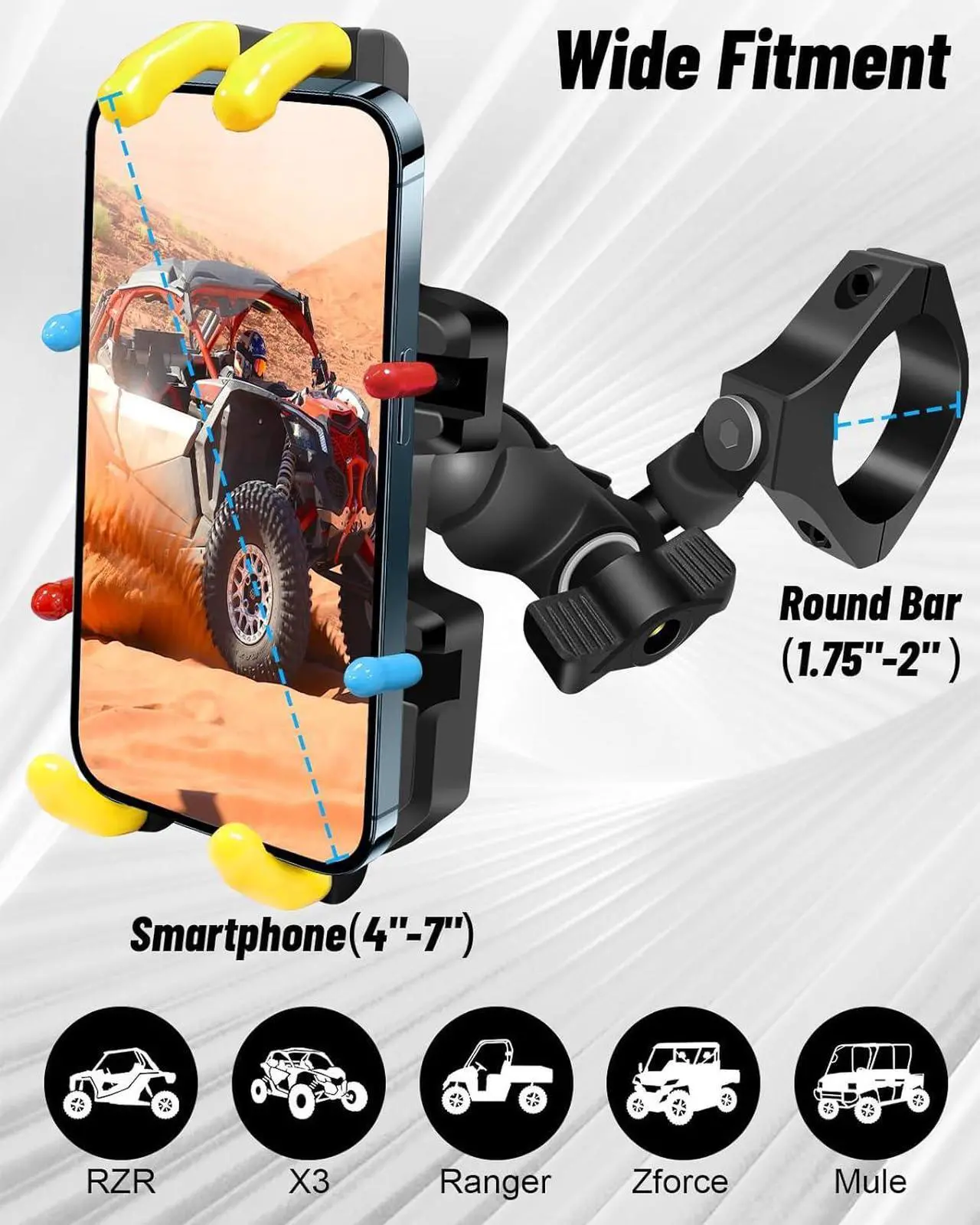 Alt view image 3 of 7 - UTV Phone Mount - 360 Adjustable Heavy Duty Phone Holder 8 Claws Fits 1.75 to 2 Inch Round Tube Fits RZR Maverick X3 Ranger Pioneer Talon Teryx Mule for 4.0" to 7.2" Cell Phone (Colorful)
