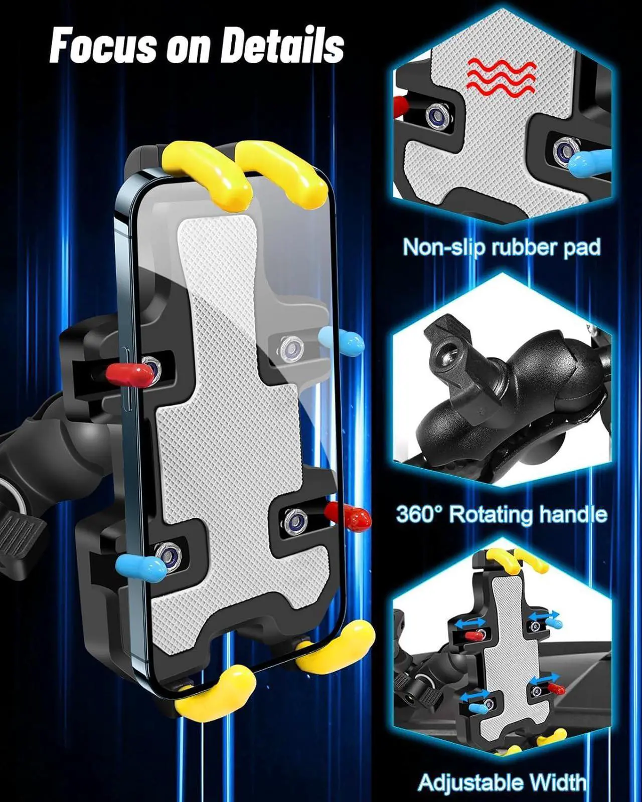 Alt view image 4 of 7 - UTV Phone Mount - 360 Adjustable Heavy Duty Phone Holder 8 Claws Fits 1.75 to 2 Inch Round Tube Fits RZR Maverick X3 Ranger Pioneer Talon Teryx Mule for 4.0" to 7.2" Cell Phone (Colorful)