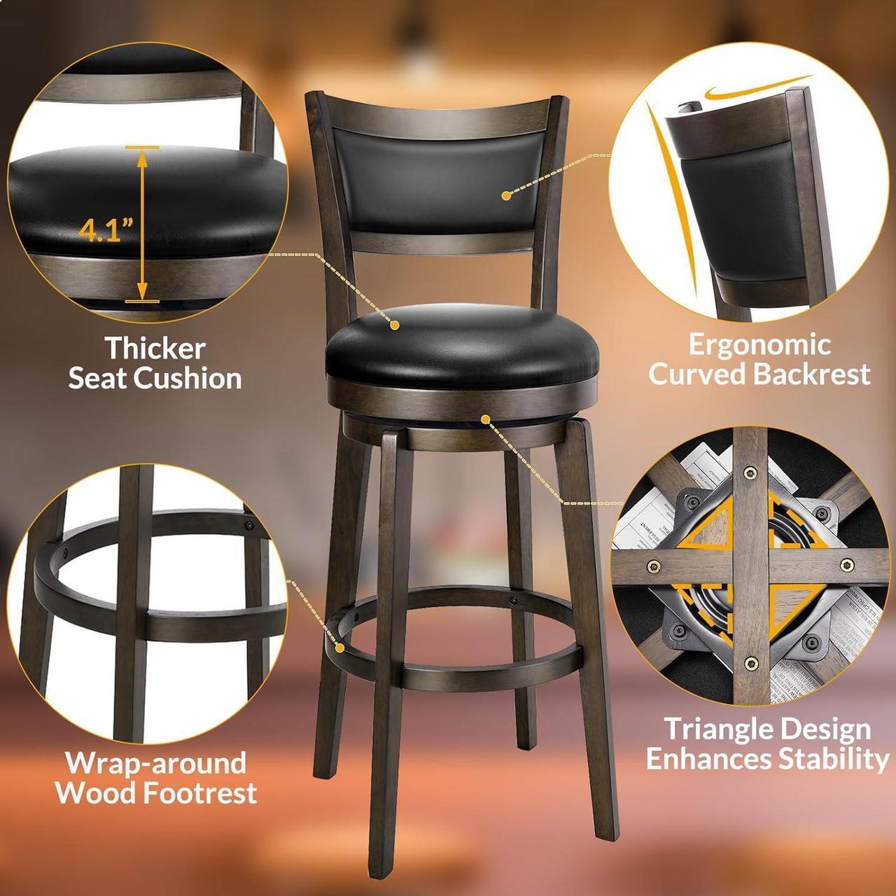 Alt view image 5 of 7 - PrimeZone Swivel Bar Stools Set of 4, 30 Inch Bar Height Barstools, Black Faux Leather Bar Stool with High Backrest & Solid Wood Legs & Wrap-Around Footrest, Counter Stools for Kitchen Island, Pub