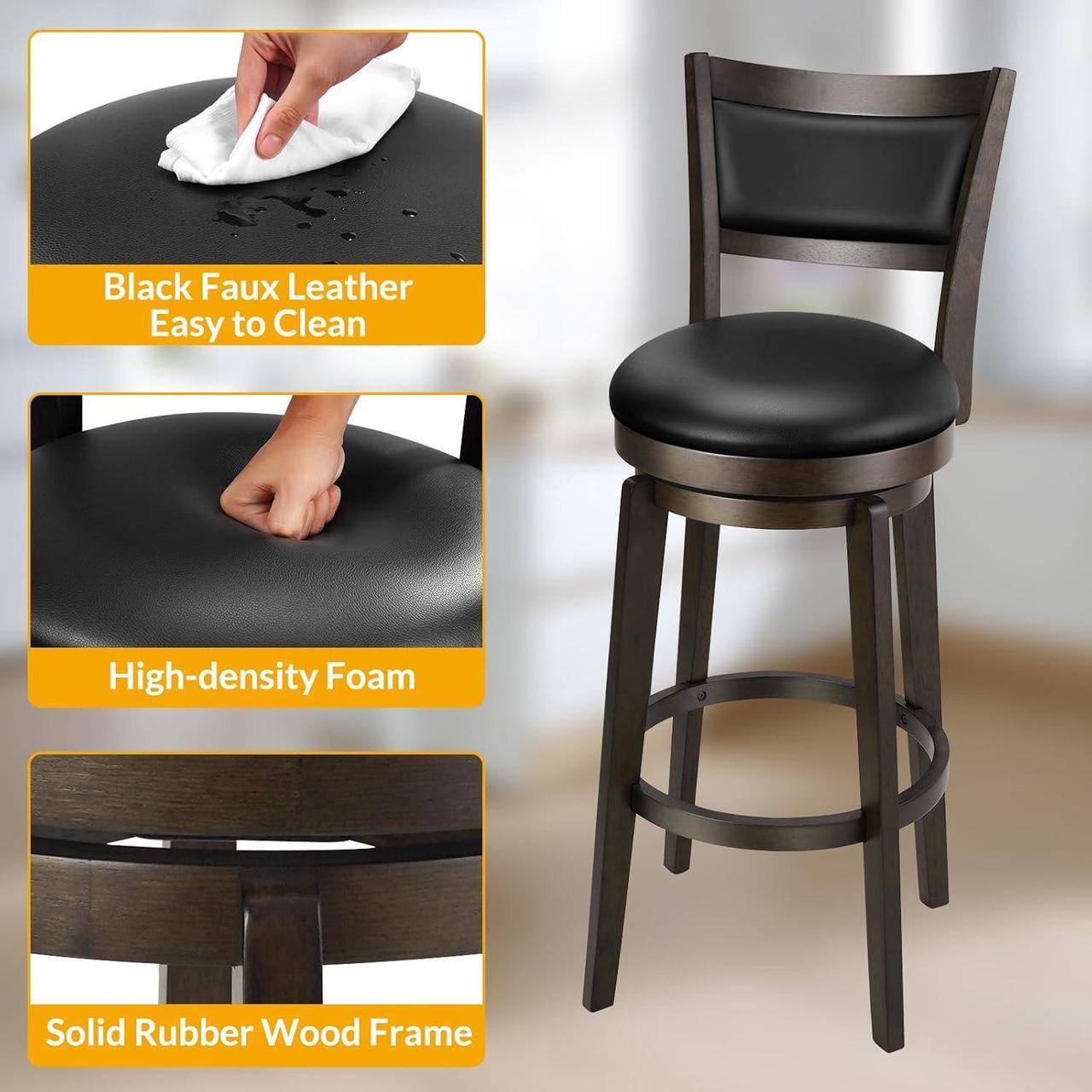 Alt view image 6 of 7 - PrimeZone Swivel Bar Stools Set of 4, 30 Inch Bar Height Barstools, Black Faux Leather Bar Stool with High Backrest & Solid Wood Legs & Wrap-Around Footrest, Counter Stools for Kitchen Island, Pub
