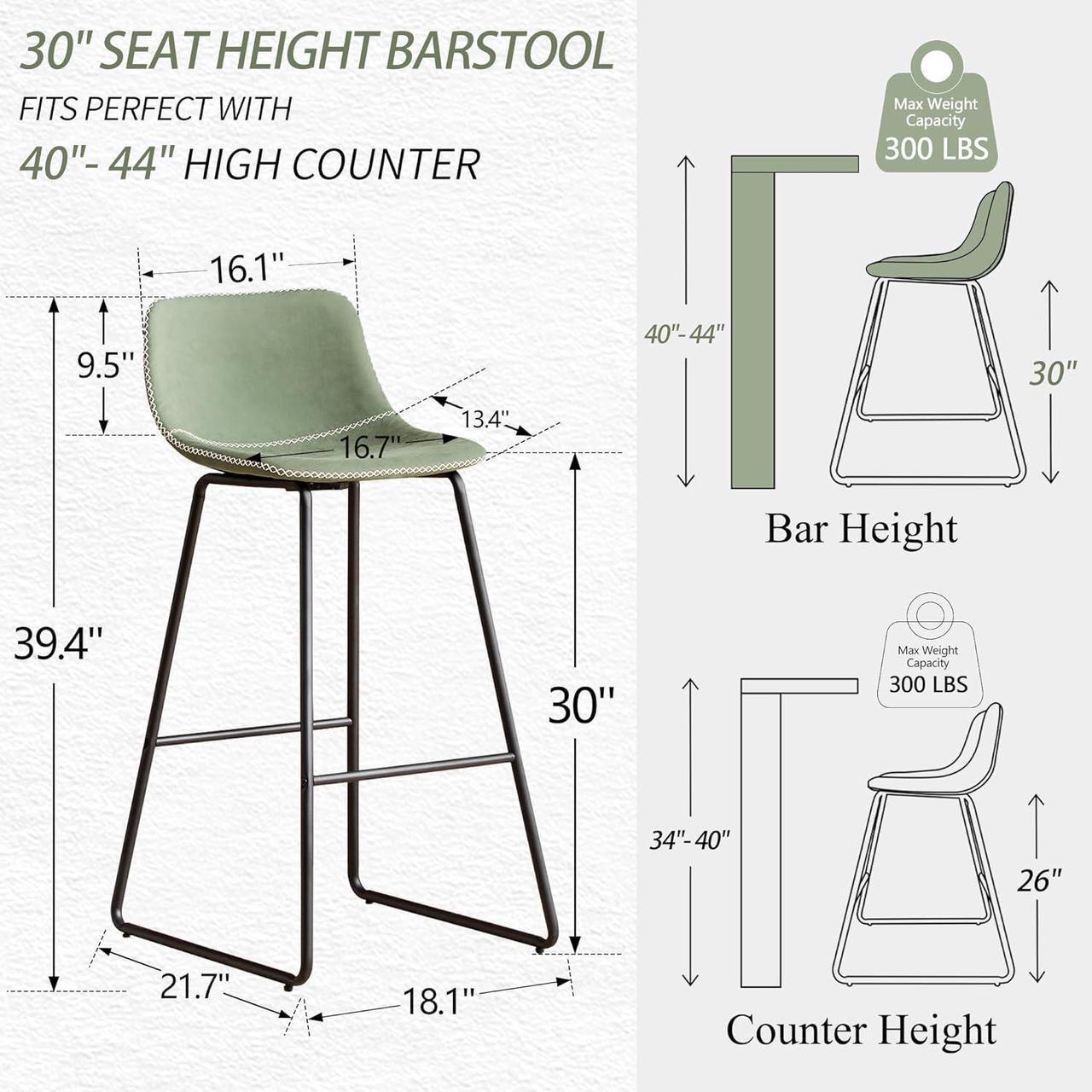 Alt view image 2 of 7 - HeuGah Green Bar Stools Set of 3, 30 Inch Counter Height Bar Chair with Metal Legs Faux Leather BarStools for Kitchen Island Modern Tall Bar Counter Chairs