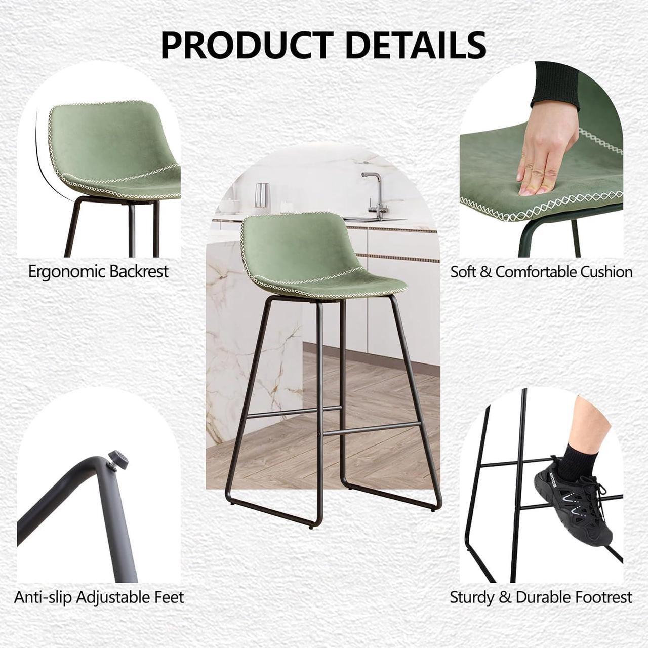 Alt view image 3 of 7 - HeuGah Green Bar Stools Set of 3, 30 Inch Counter Height Bar Chair with Metal Legs Faux Leather BarStools for Kitchen Island Modern Tall Bar Counter Chairs