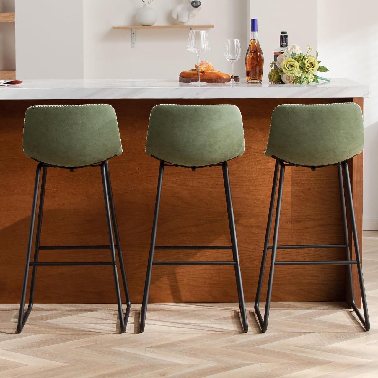 Alt view image 5 of 7 - HeuGah Green Bar Stools Set of 3, 30 Inch Counter Height Bar Chair with Metal Legs Faux Leather BarStools for Kitchen Island Modern Tall Bar Counter Chairs