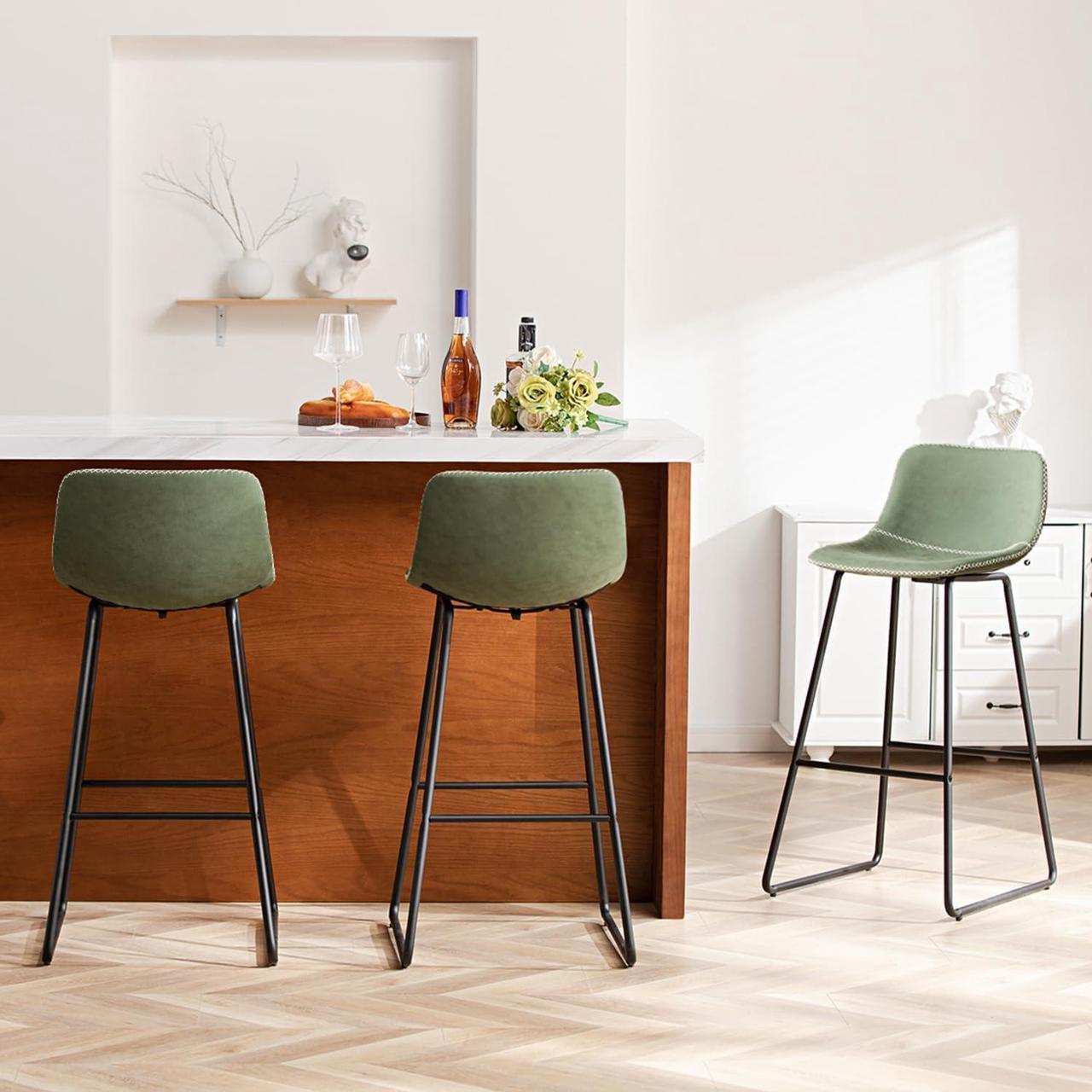Alt view image 6 of 7 - HeuGah Green Bar Stools Set of 3, 30 Inch Counter Height Bar Chair with Metal Legs Faux Leather BarStools for Kitchen Island Modern Tall Bar Counter Chairs
