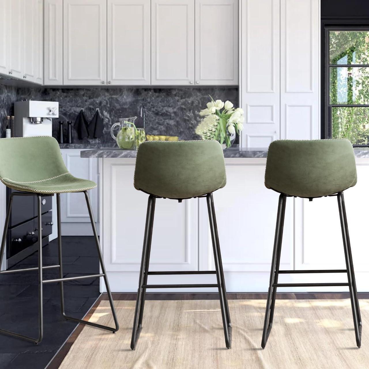 Alt view image 7 of 7 - HeuGah Green Bar Stools Set of 3, 30 Inch Counter Height Bar Chair with Metal Legs Faux Leather BarStools for Kitchen Island Modern Tall Bar Counter Chairs
