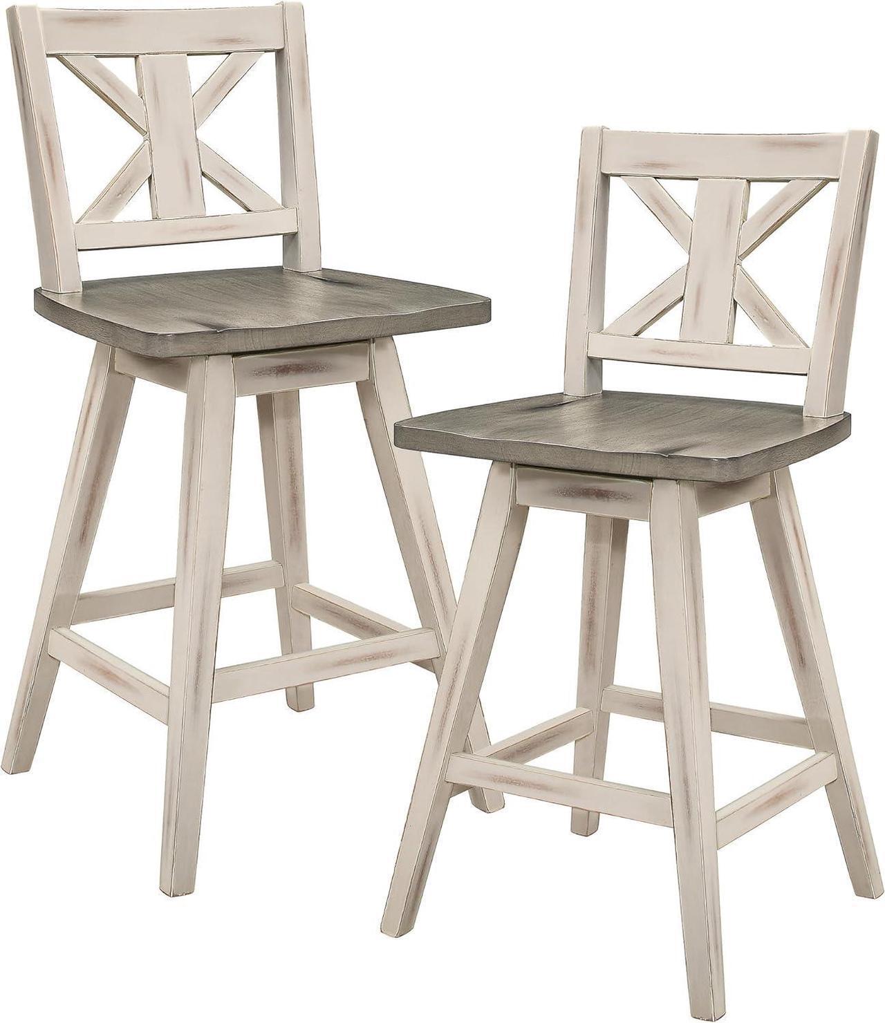 Main image of Solid Wood High Back Swivel Counter Height Bar Stools Set of 2, Kitchen Stools Counter Height, Foot Rest, X Back, Tall Wooden Armless Dining Chairs For Kitchen Island, Farmhouse, Rustic, White