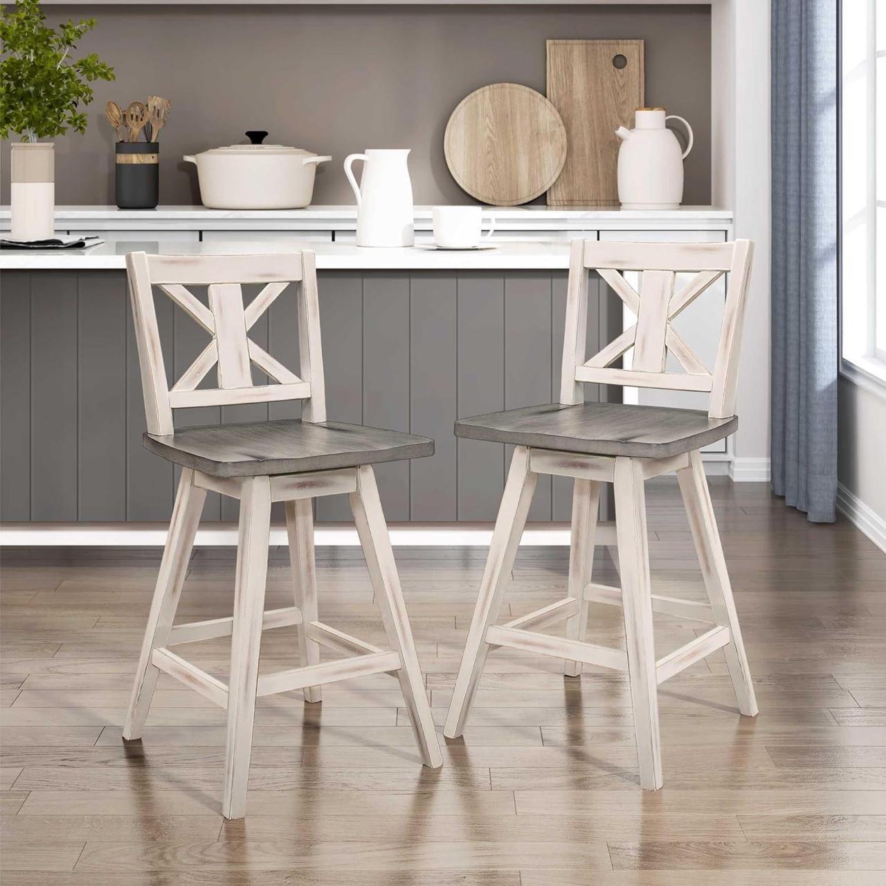 Alt view image 2 of 7 - Solid Wood High Back Swivel Counter Height Bar Stools Set of 2, Kitchen Stools Counter Height, Foot Rest, X Back, Tall Wooden Armless Dining Chairs For Kitchen Island, Farmhouse, Rustic, White