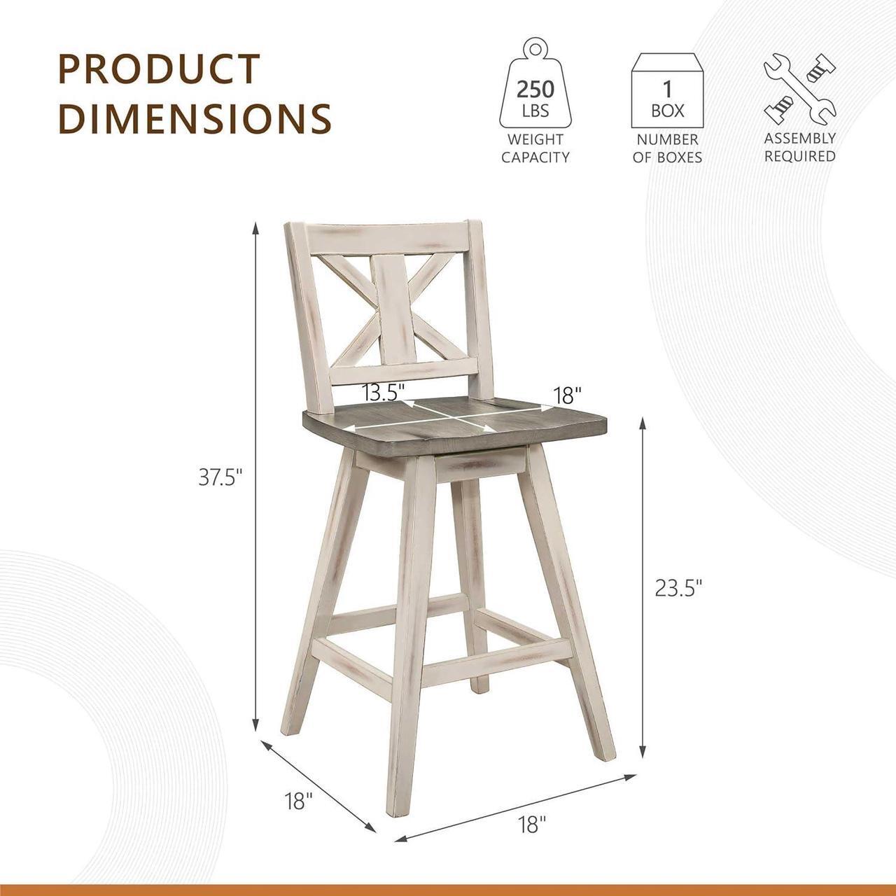 Alt view image 3 of 7 - Solid Wood High Back Swivel Counter Height Bar Stools Set of 2, Kitchen Stools Counter Height, Foot Rest, X Back, Tall Wooden Armless Dining Chairs For Kitchen Island, Farmhouse, Rustic, White