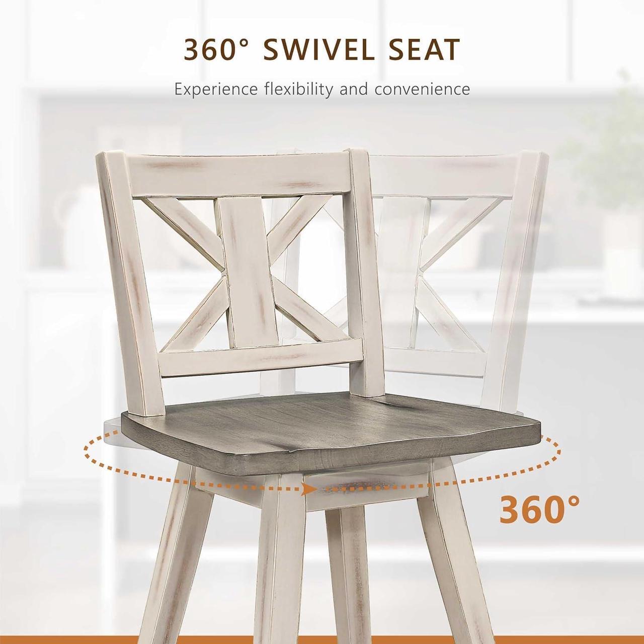 Alt view image 5 of 7 - Solid Wood High Back Swivel Counter Height Bar Stools Set of 2, Kitchen Stools Counter Height, Foot Rest, X Back, Tall Wooden Armless Dining Chairs For Kitchen Island, Farmhouse, Rustic, White