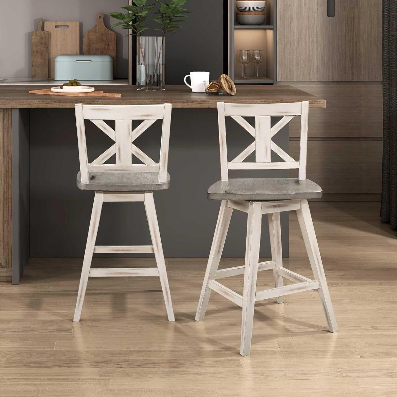 Alt view image 7 of 7 - Solid Wood High Back Swivel Counter Height Bar Stools Set of 2, Kitchen Stools Counter Height, Foot Rest, X Back, Tall Wooden Armless Dining Chairs For Kitchen Island, Farmhouse, Rustic, White