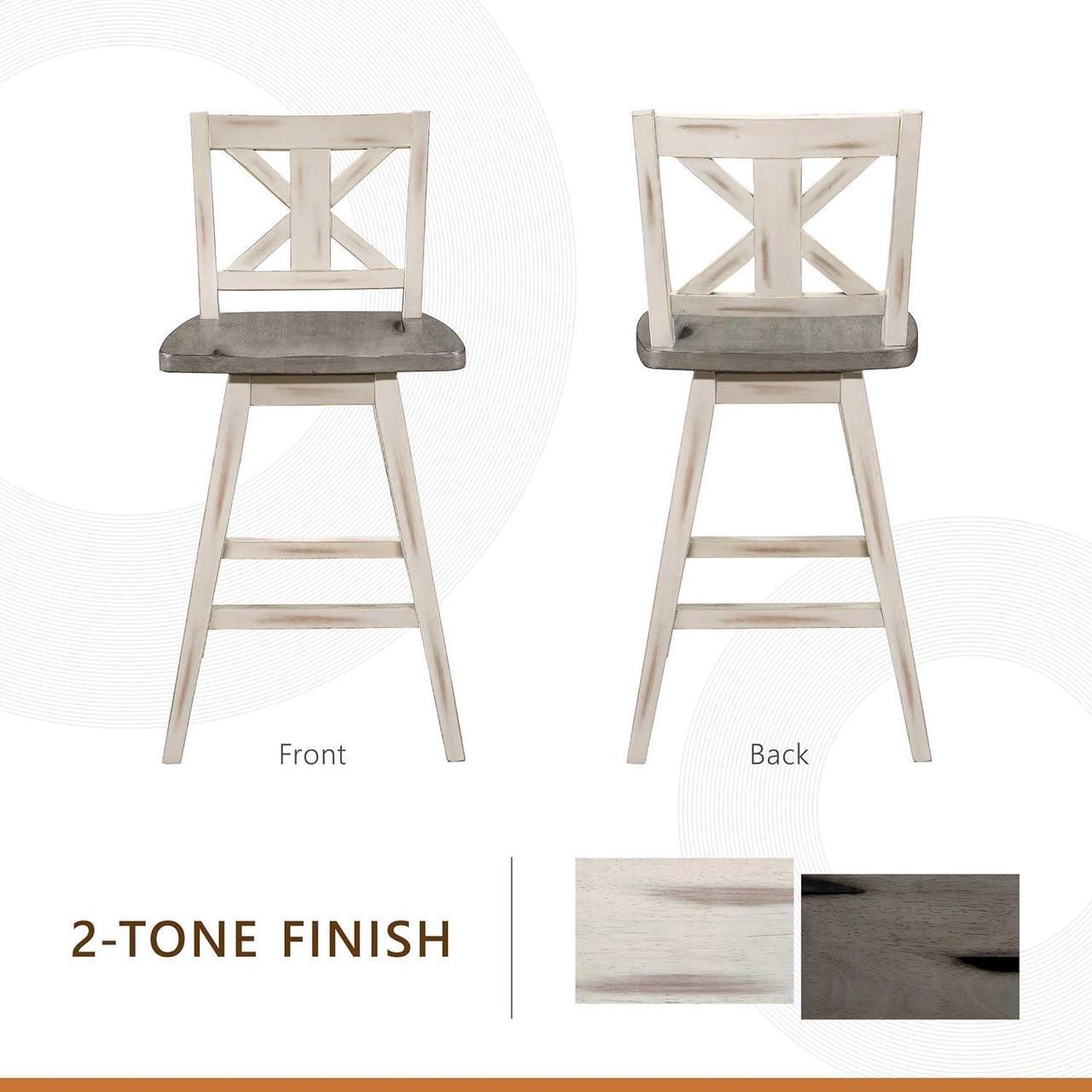 Alt view image 4 of 7 - Solid Wood High Back Swivel Counter Height Bar Stools Set of 2, Kitchen Stools Counter Height, Foot Rest, X Back, Tall Wooden Armless Dining Chairs For Kitchen Island, Farmhouse, Rustic, White