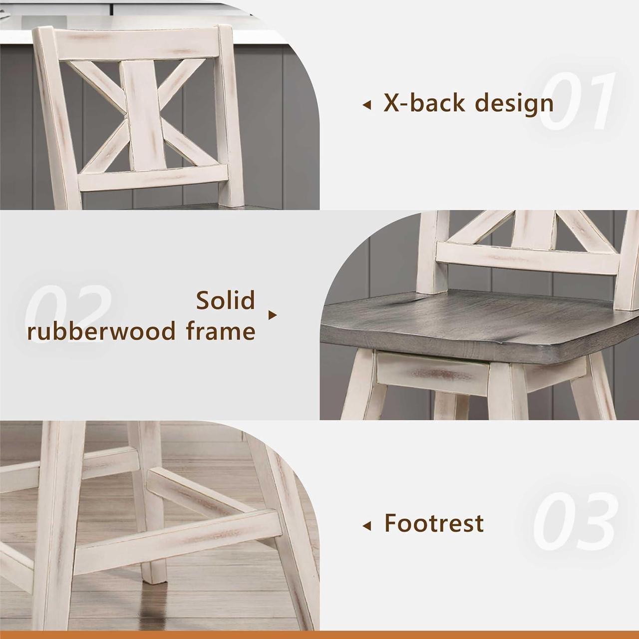 Alt view image 6 of 7 - Solid Wood High Back Swivel Counter Height Bar Stools Set of 2, Kitchen Stools Counter Height, Foot Rest, X Back, Tall Wooden Armless Dining Chairs For Kitchen Island, Farmhouse, Rustic, White