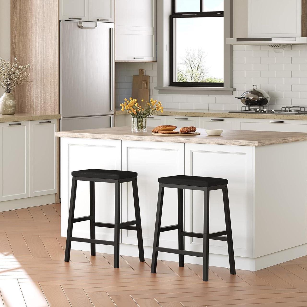 Alt view image 2 of 7 - HOOBRO Bar Stools, 24" Set of 2 Bar Chairs, PU Leather Upholstered Breakfast Stools, Easy Assembly, Suitable for Kitchen, Bar, Dining Room, Black BB01MD01
