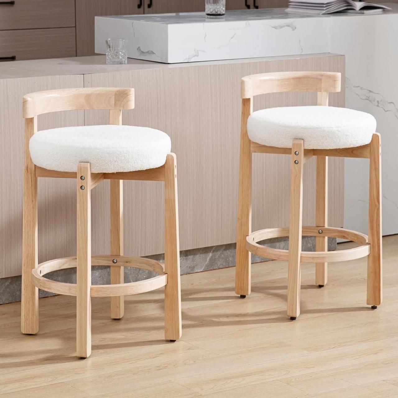 Main image of HEAH-YO Mid Century Modern Sherpa Bar Stools Set of 2, 26.5" Counter Stools with Back, Boucle Upholstered Barstools with Solid Wood Legs Bar Chairs for Kitchen Island Dining Room, White