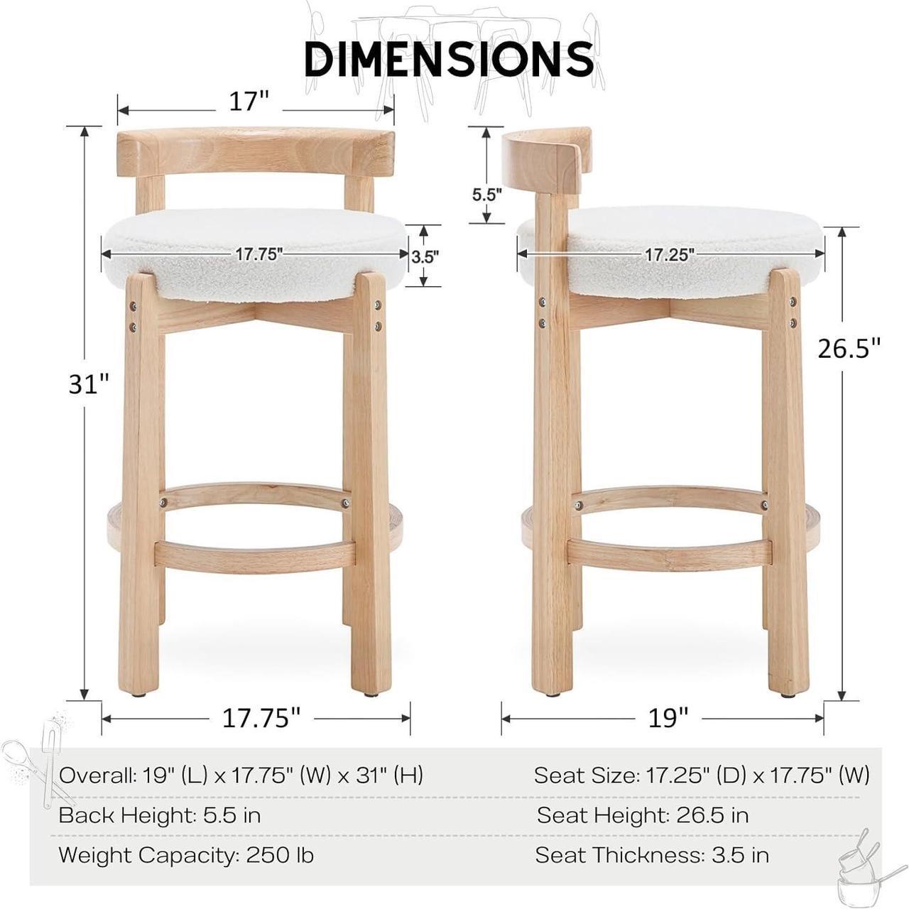 Alt view image 2 of 7 - HEAH-YO Mid Century Modern Sherpa Bar Stools Set of 2, 26.5" Counter Stools with Back, Boucle Upholstered Barstools with Solid Wood Legs Bar Chairs for Kitchen Island Dining Room, White