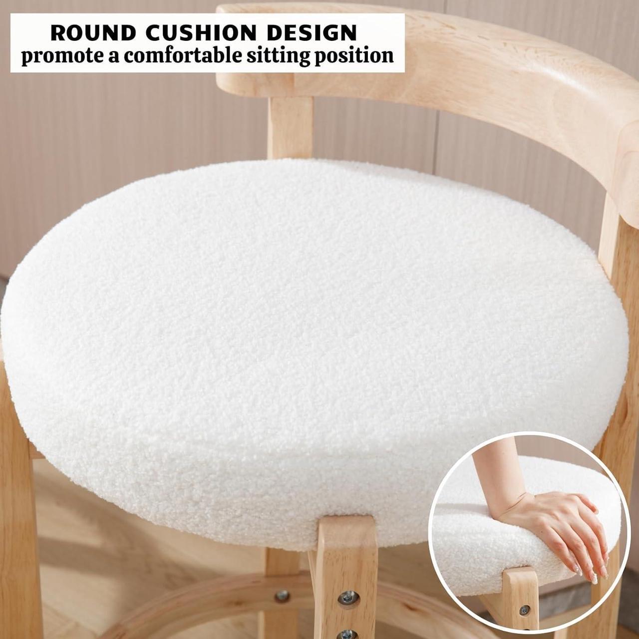 Alt view image 4 of 7 - HEAH-YO Mid Century Modern Sherpa Bar Stools Set of 2, 26.5" Counter Stools with Back, Boucle Upholstered Barstools with Solid Wood Legs Bar Chairs for Kitchen Island Dining Room, White