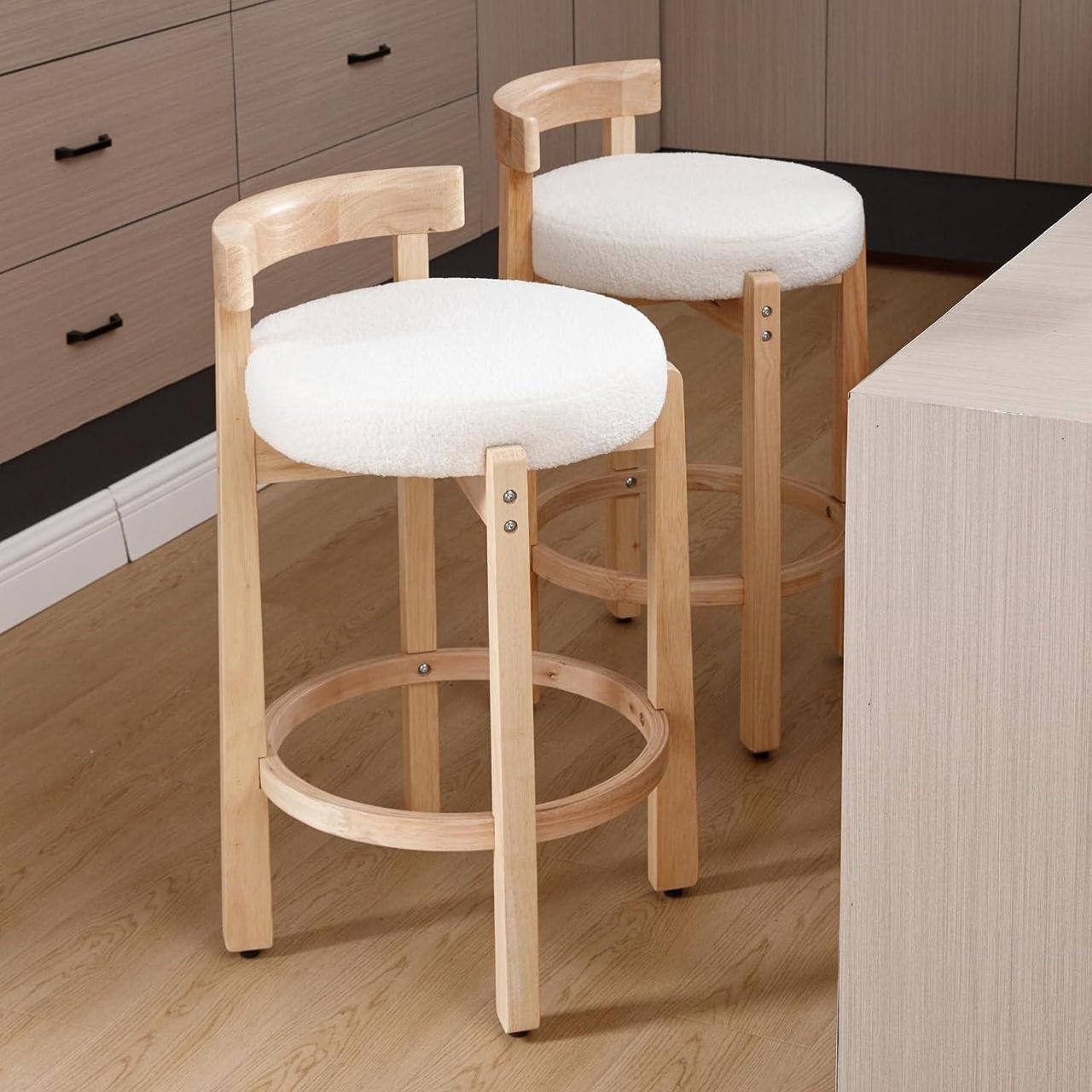 Alt view image 6 of 7 - HEAH-YO Mid Century Modern Sherpa Bar Stools Set of 2, 26.5" Counter Stools with Back, Boucle Upholstered Barstools with Solid Wood Legs Bar Chairs for Kitchen Island Dining Room, White