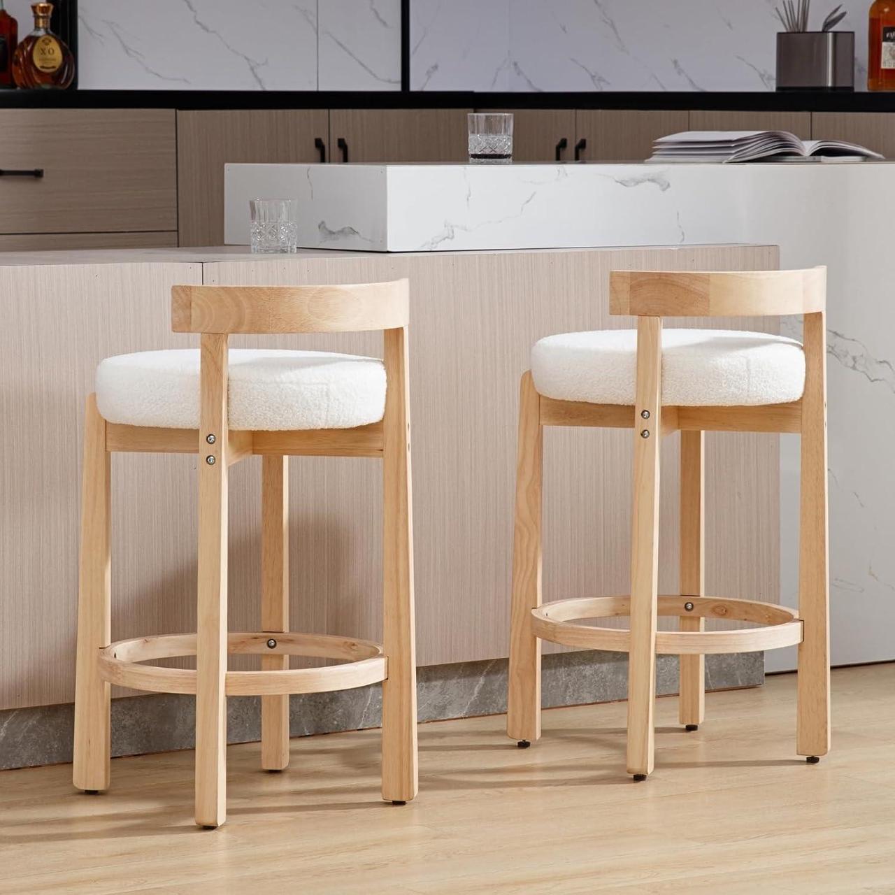 Alt view image 7 of 7 - HEAH-YO Mid Century Modern Sherpa Bar Stools Set of 2, 26.5" Counter Stools with Back, Boucle Upholstered Barstools with Solid Wood Legs Bar Chairs for Kitchen Island Dining Room, White