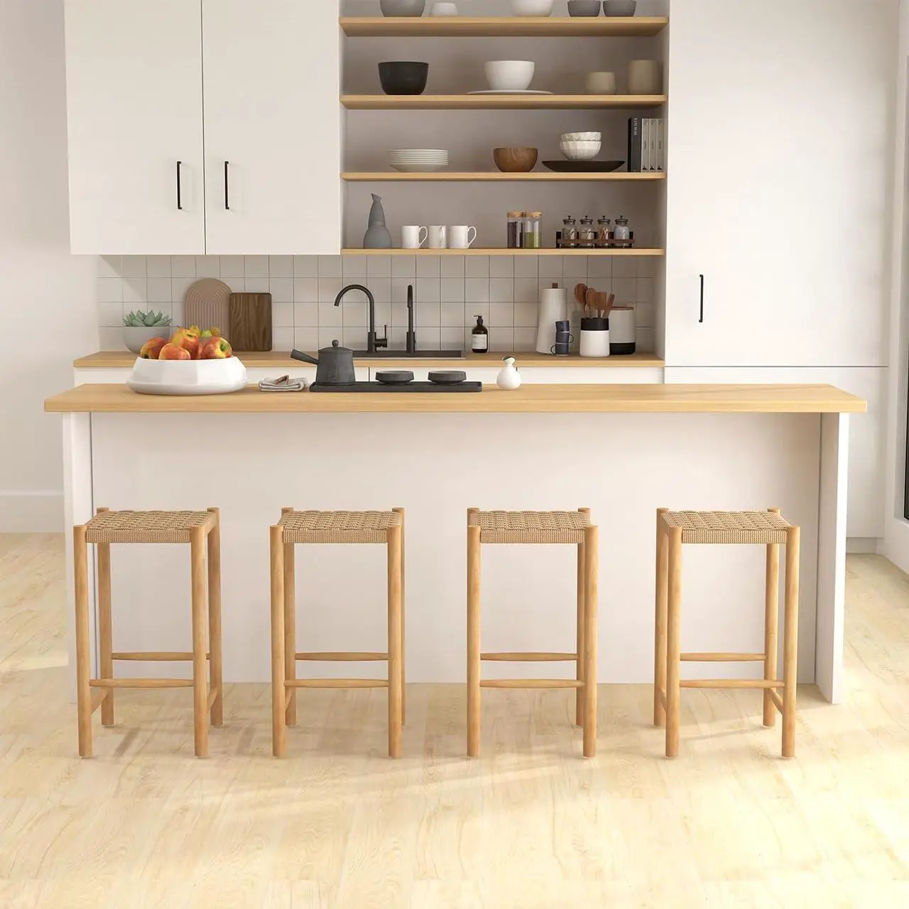 Alt view image 2 of 7 - Giantex 26" Counter Height Wood Bar Stools Set of 4, Boho Rattan Barstools, Max Load 330 Lbs, Armless Saddle Kitchen Stools, Backless Wicker Bar Stools for Kitchen Counter Indoor Outdoor