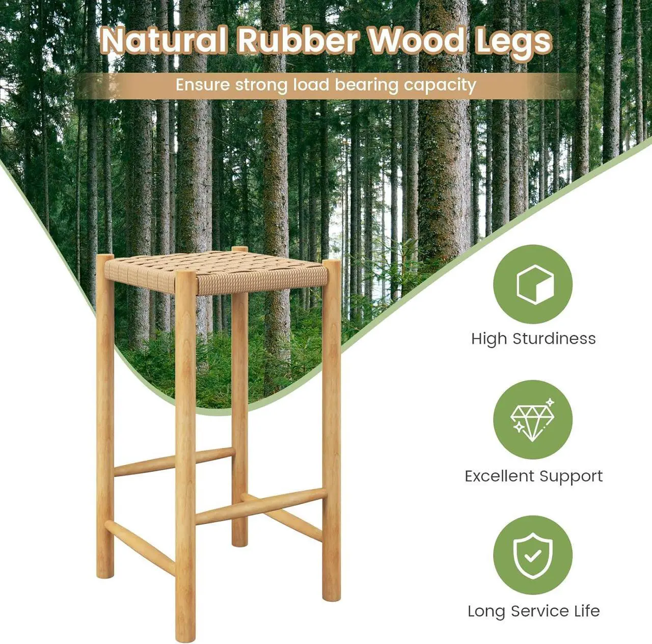 Alt view image 5 of 7 - Giantex 26" Counter Height Wood Bar Stools Set of 4, Boho Rattan Barstools, Max Load 330 Lbs, Armless Saddle Kitchen Stools, Backless Wicker Bar Stools for Kitchen Counter Indoor Outdoor