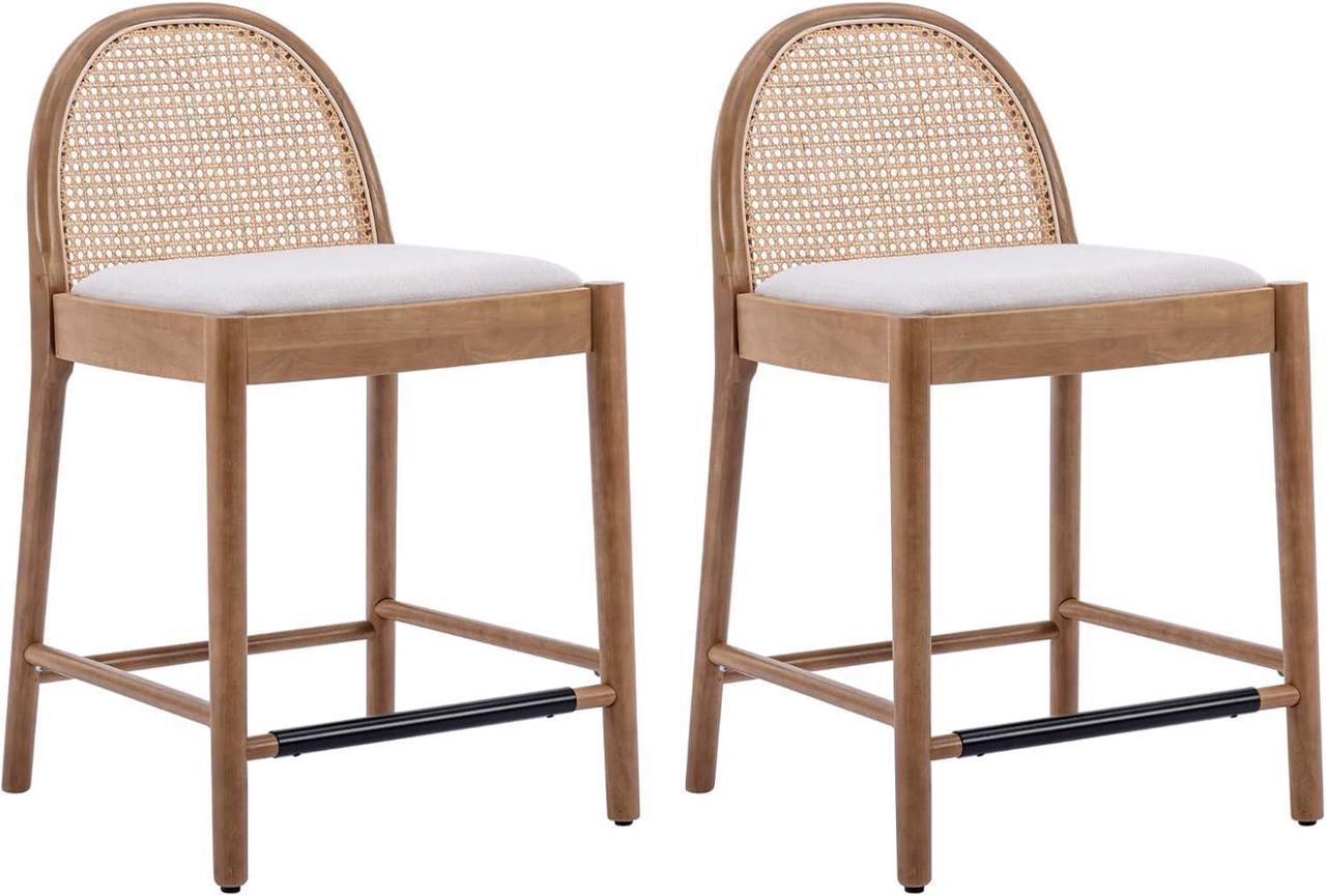 Main image of HEAH-YO Rattan Counter Stools Set of 2, 26 Inches Counter Height Bar Stools with Rattan Backs and Wood Legs, Uphlostered Linen Fabric Counter Height Stools for Kitchen Island, Beige